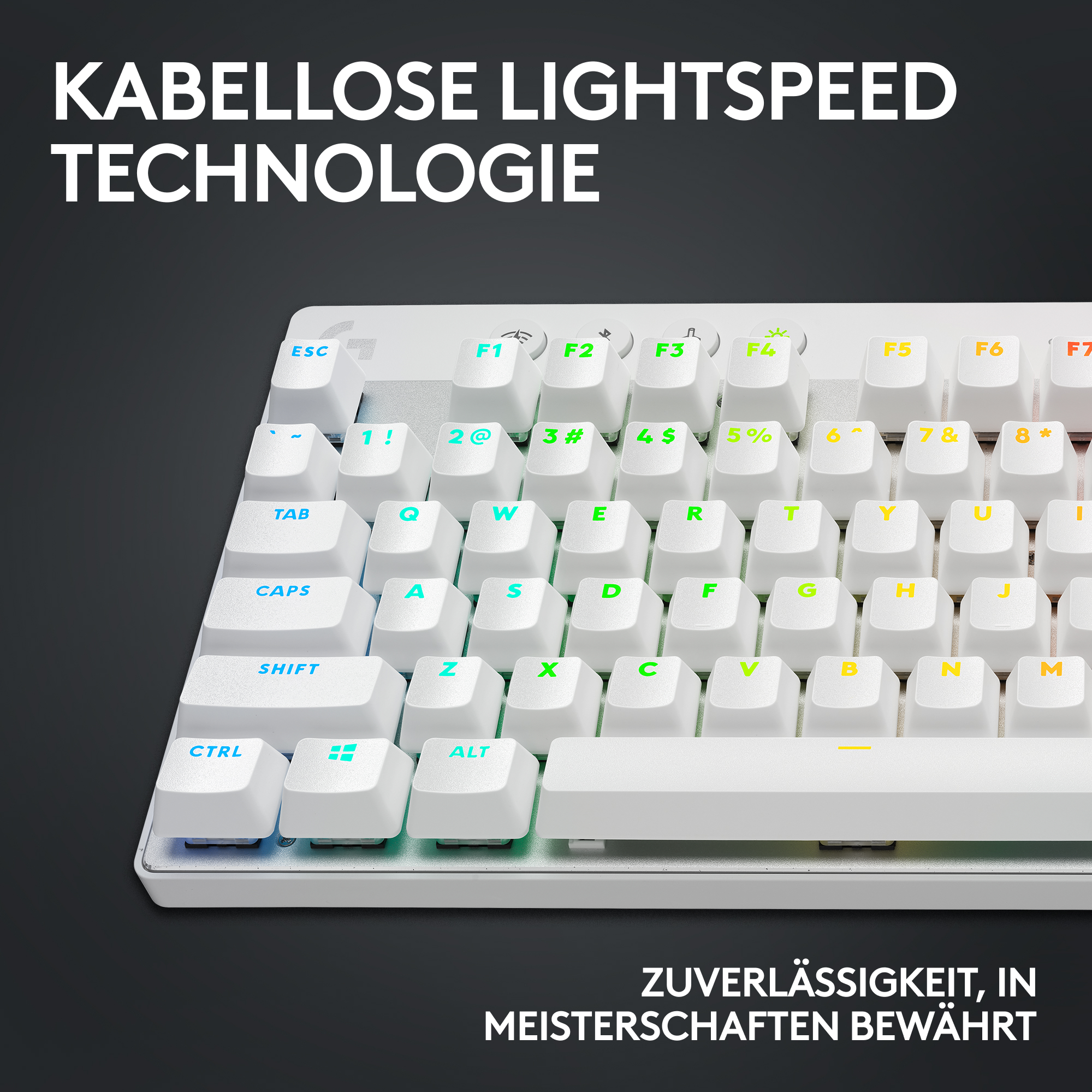 Eine weiße Tastatur mit beleuchteten Tasten und Text in verschiedenen Farben. Der Hintergrund ist dunkelgrau.