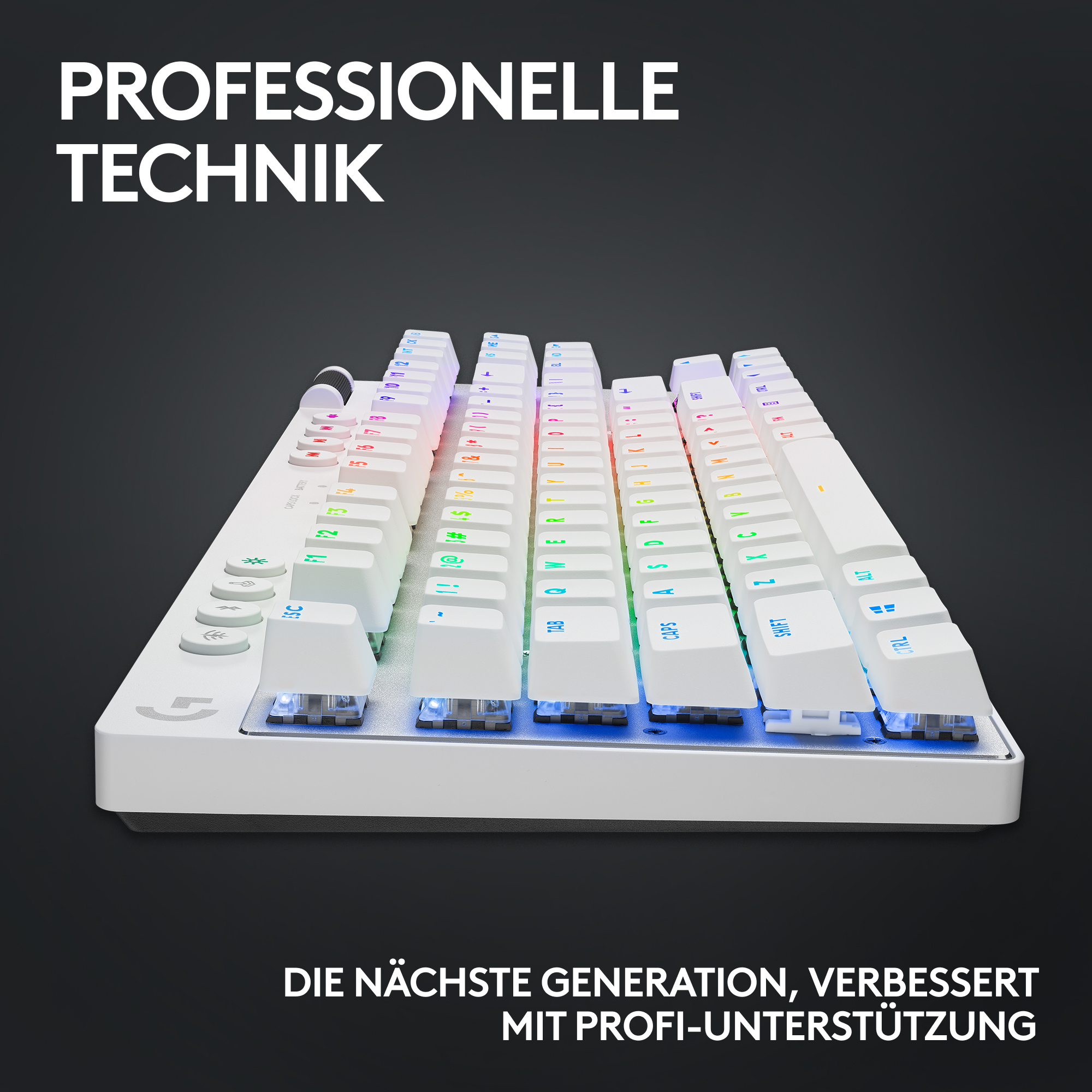 Eine weiße Tastatur mit beleuchteten Tasten. Die Tasten haben farbige Beleuchtung. Oben steht 'Professionelle Technik'.
