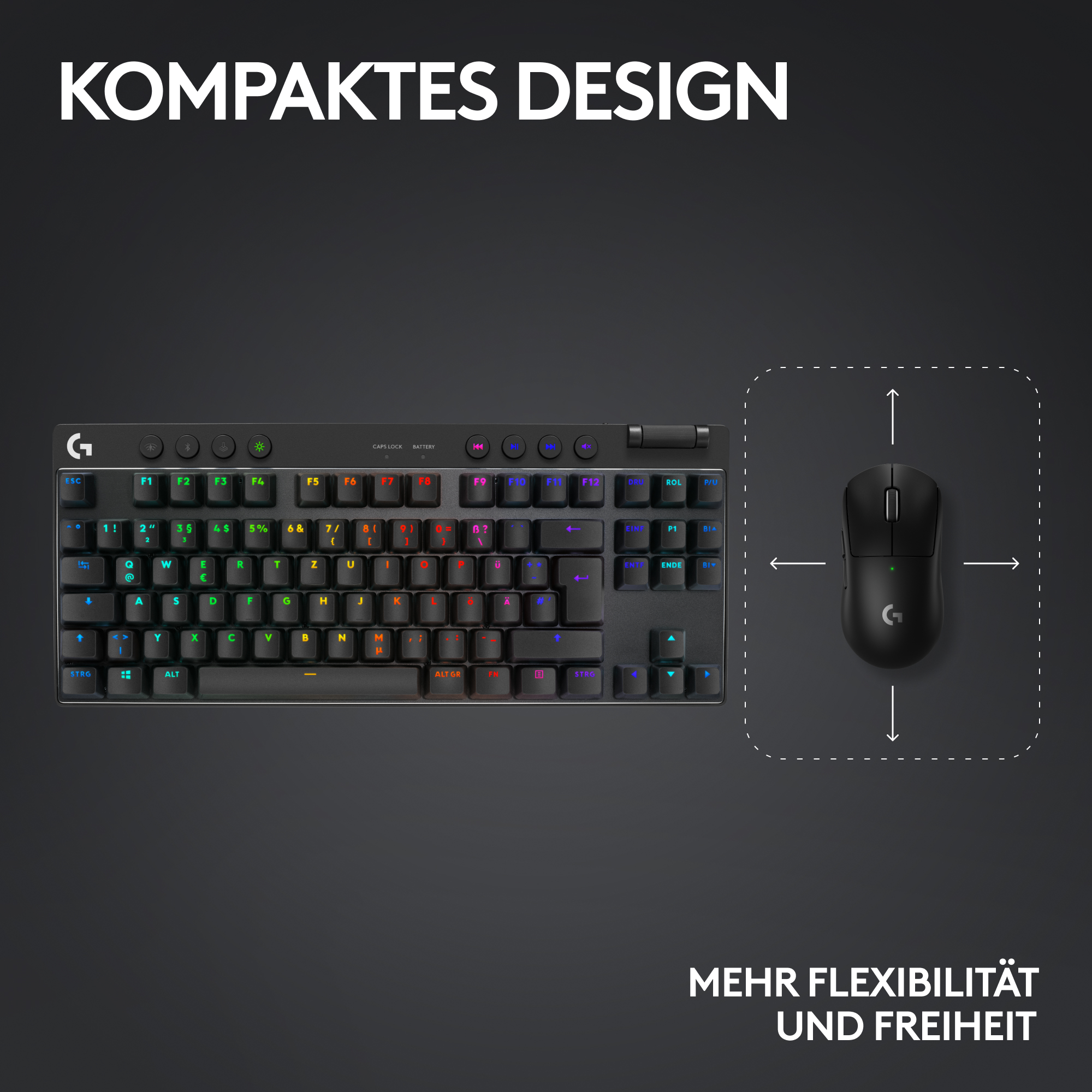 Schwarze Tastatur und Maus. Die Tastaturtasten haben farbige Beschriftungen. Der Text oben lautet 'KOMPAKTES DESIGN'.
