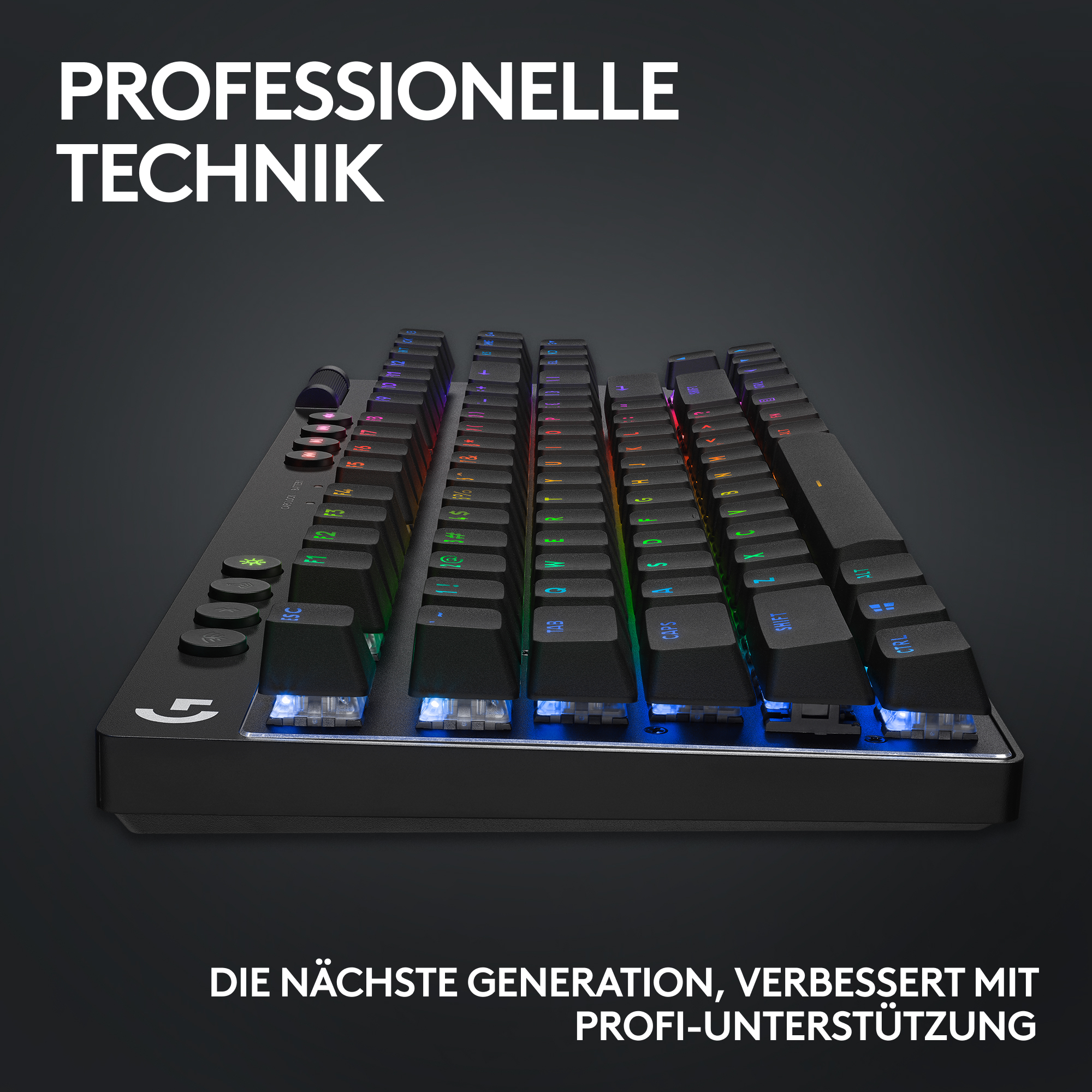 Eine schwarze Tastatur mit beleuchteten Tasten auf grauem Hintergrund. Die Worte sind auf Deutsch.