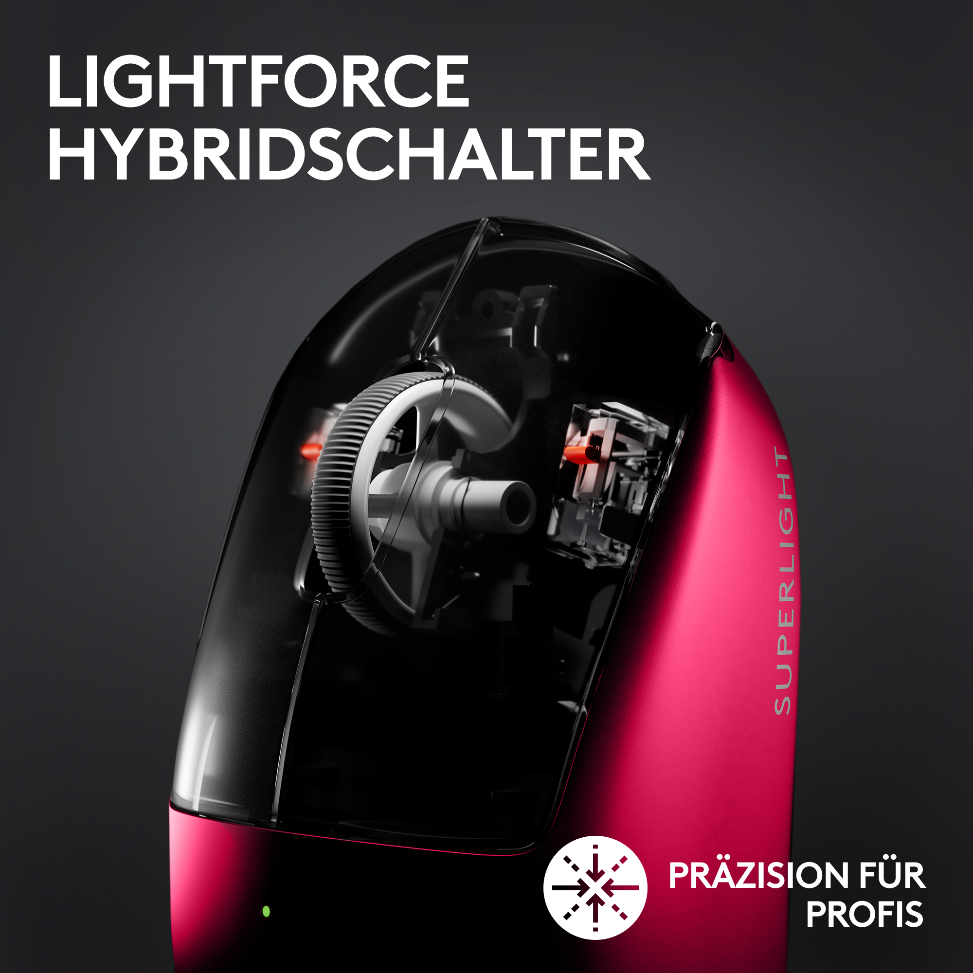 Nahaufnahme einer Gaming-Maus. Sie hat eine rote Seite mit dem Wort 'SUPERLIGHT'. Weiße Zahnräder sind sichtbar.