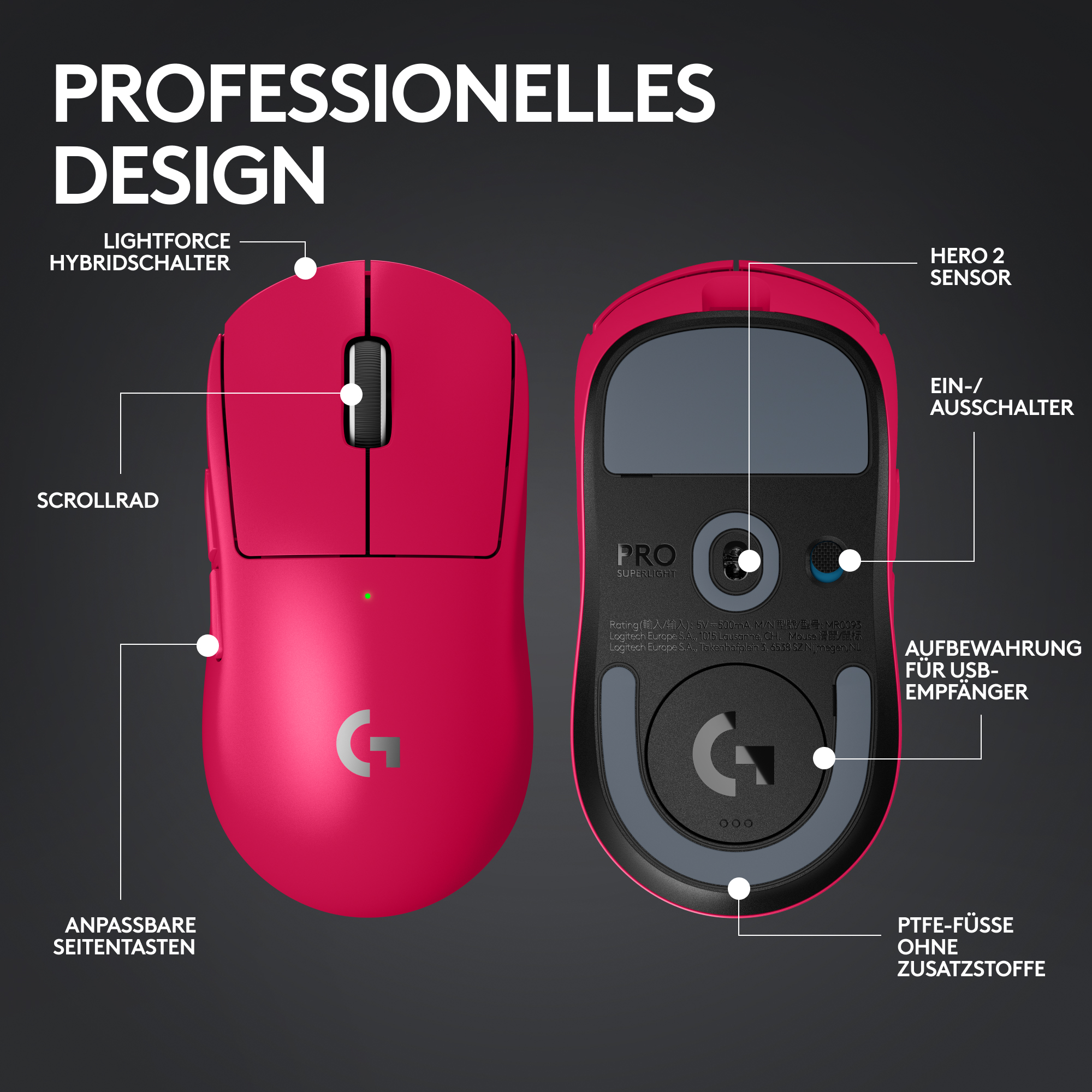 Eine pinkfarbene Logitech-Maus. Merkmale sind Scrollrad, Seitentasten und Beschriftungen für Sensor- und Schalterdetails. Grauer Hintergrund.