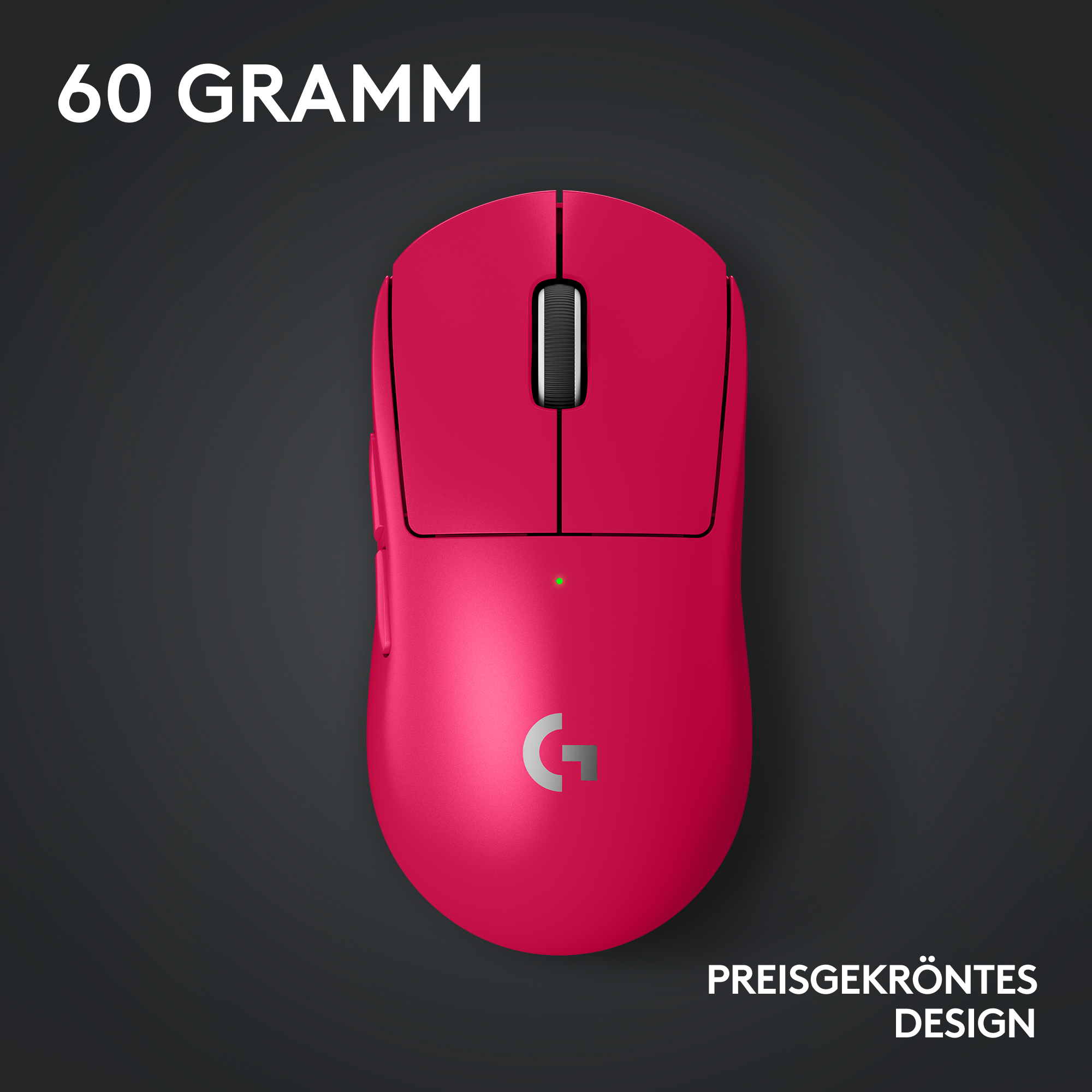 Eine pinke Logitech-Maus auf dunklem grauem Hintergrund. Text lautet '60 GRAMM' und 'PREISGEKRÖNTES DESIGN'.