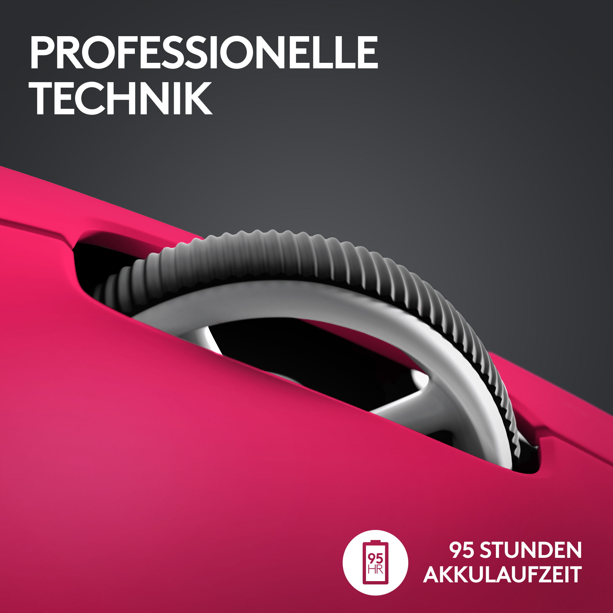 Detail einer pinkfarbenen Maus mit Scrollrad. Text: 'PROFESSIONELLE TECHNIK'. Akkulaufzeit von 95 Stunden.