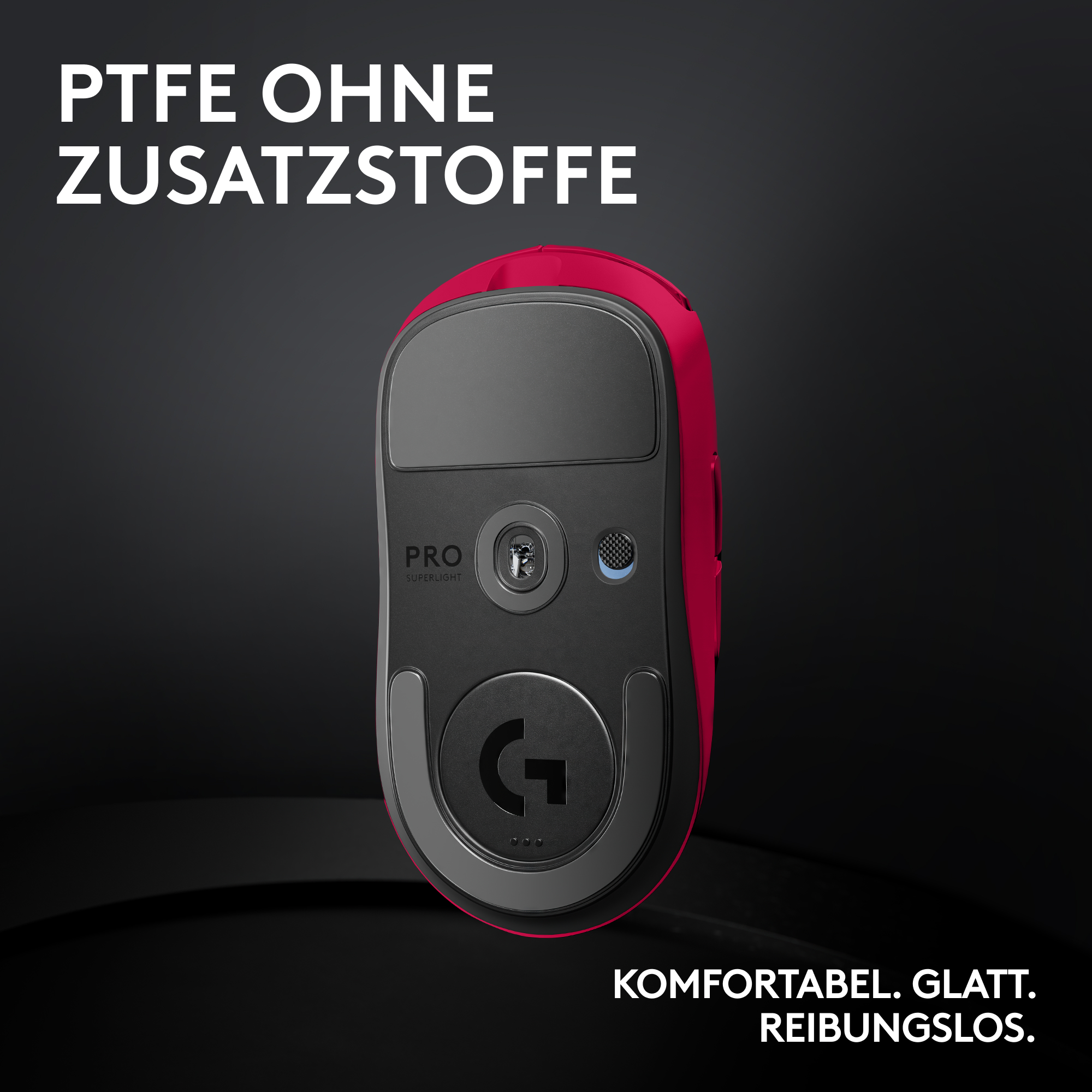 Schwarze und rote Gaming-Maus, Unteransicht. Die Maus hat ein Logo und Text. Der Hintergrund ist dunkelgrau mit Text.