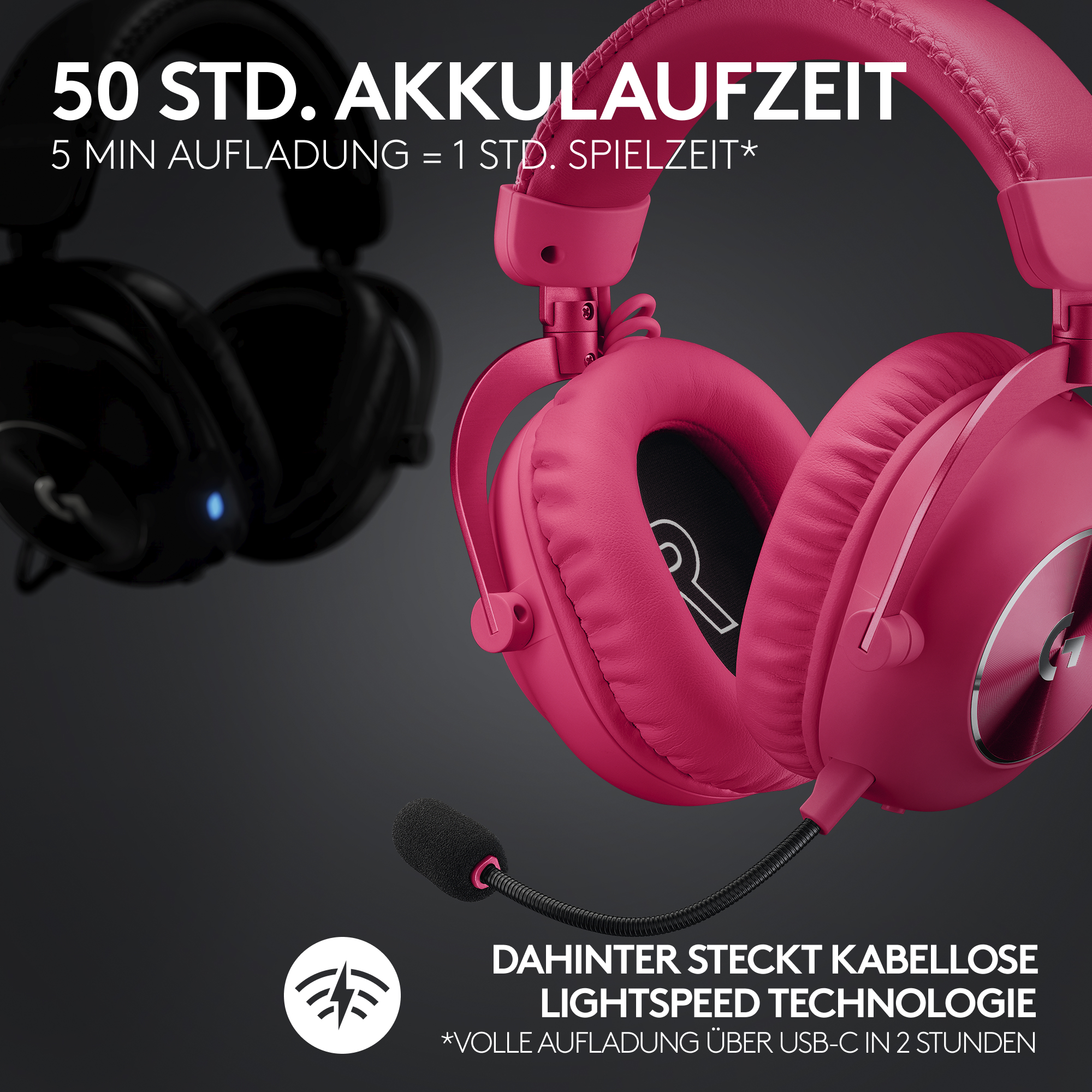 Rosa Headset mit Mikrofon auf dunklem Hintergrund. Text zeigt 50 Stunden Akkulaufzeit, 5 Min. Aufladen für 1 Stunde Nutzung.