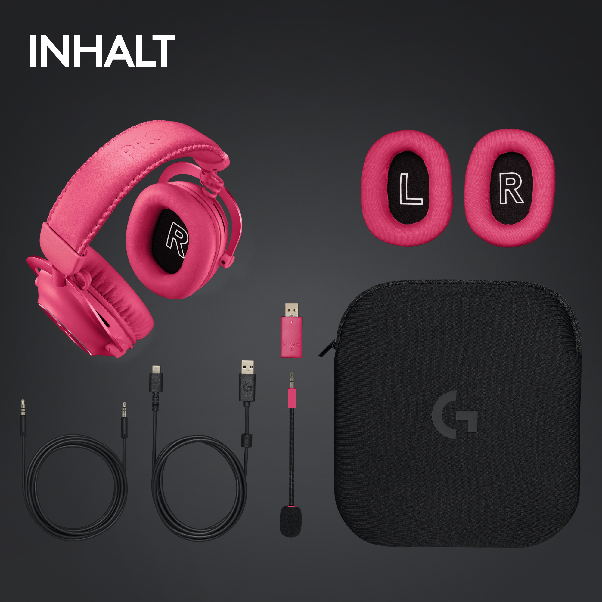 Pinke Kopfhörer, Ohrpolster, Kabel, Mikrofon und eine Hülle auf dunklem Hintergrund. Das Wort INHALT steht oben.