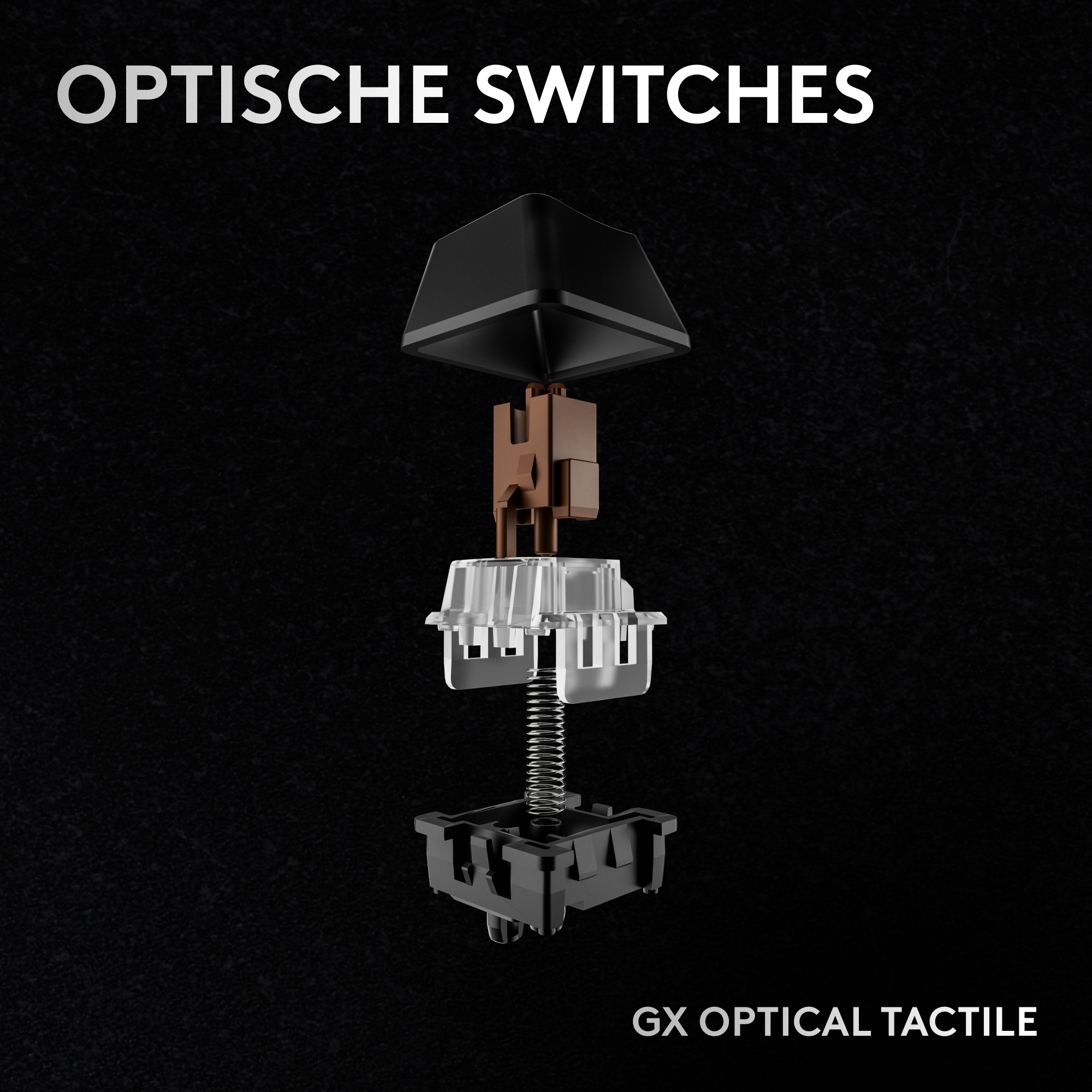 Explodierte Ansicht eines optischen Schalters. Schwarze Tastenkappe, braunes Gehäuse, transparente Basis, Feder und schwarzer Boden.