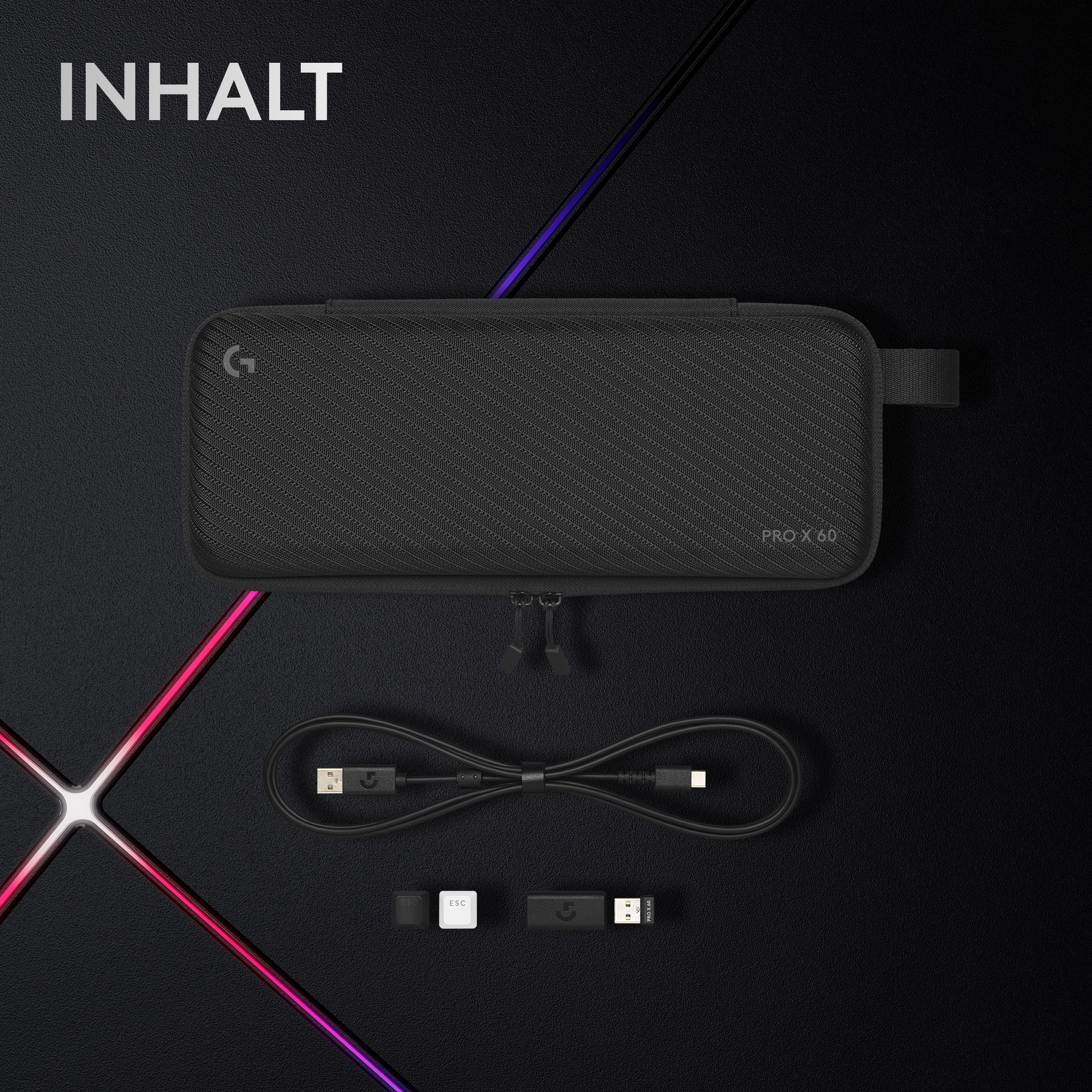 Schwarze Hülle, Kabel und Zubehör auf strukturierter schwarzer Oberfläche. Text: INHALT. Logitech Pro X 60.