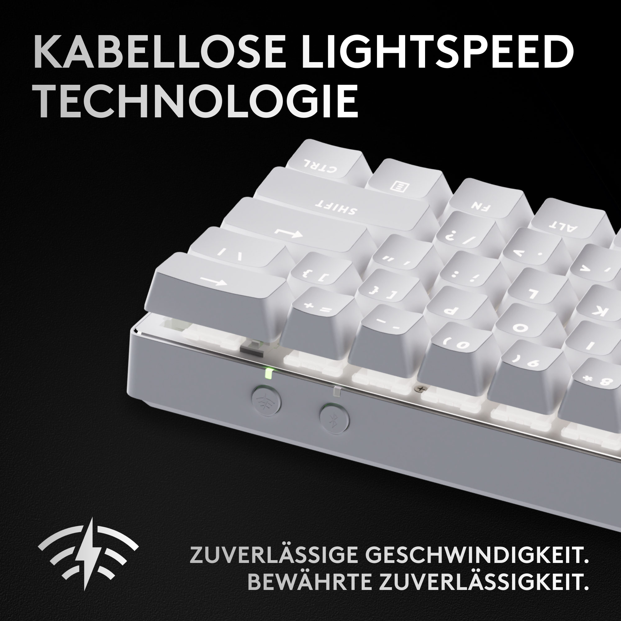 Eine weiße Tastatur mit beleuchteten Tasten wird angezeigt. Text lautet 'KABELLOSE LIGHTSPEED TECHNOLOGIE' und 'ZUVERLÄSSIGE GESCHWINDIGKEIT'.