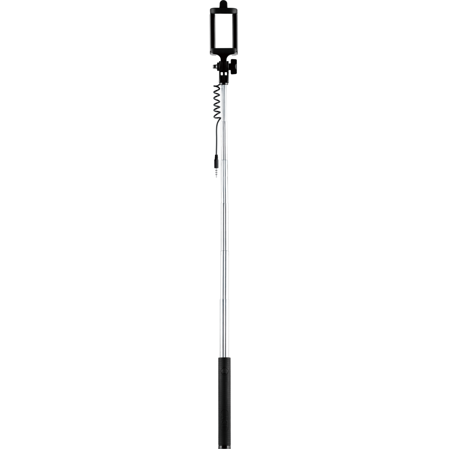 A selfie stick is centered against a black background. It has a phone holder, a silver pole, and a black handle.