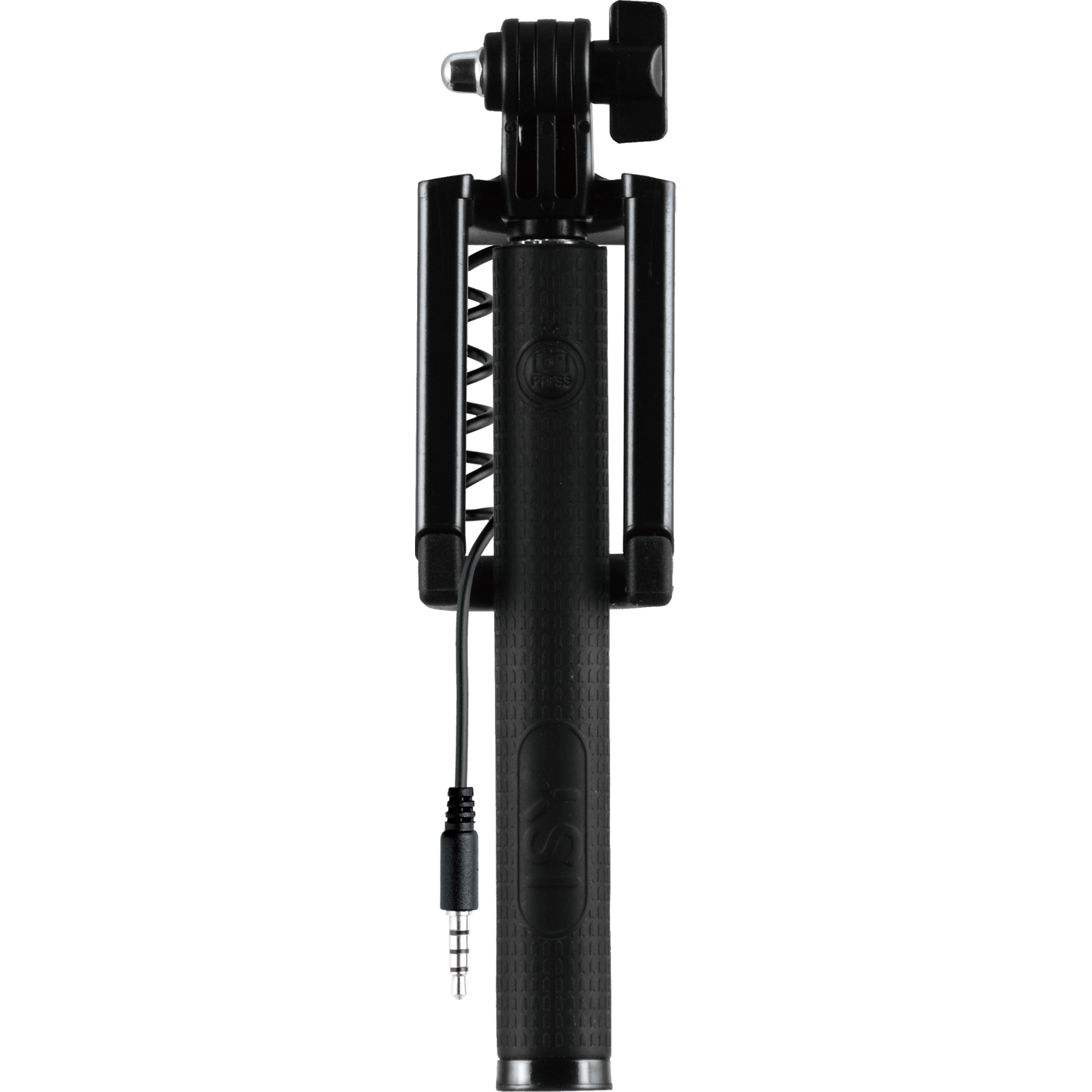 Black selfie stick with a phone holder, a button, and a cable with a jack. Black background.