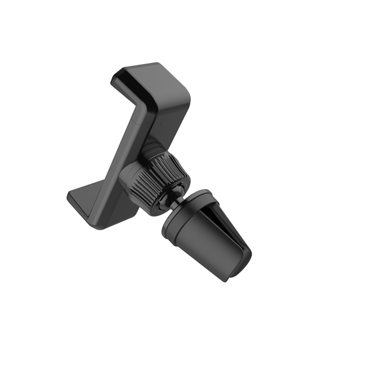 Black car phone holder on white background. It has a clip, a rotating part, and a cup-like holder.