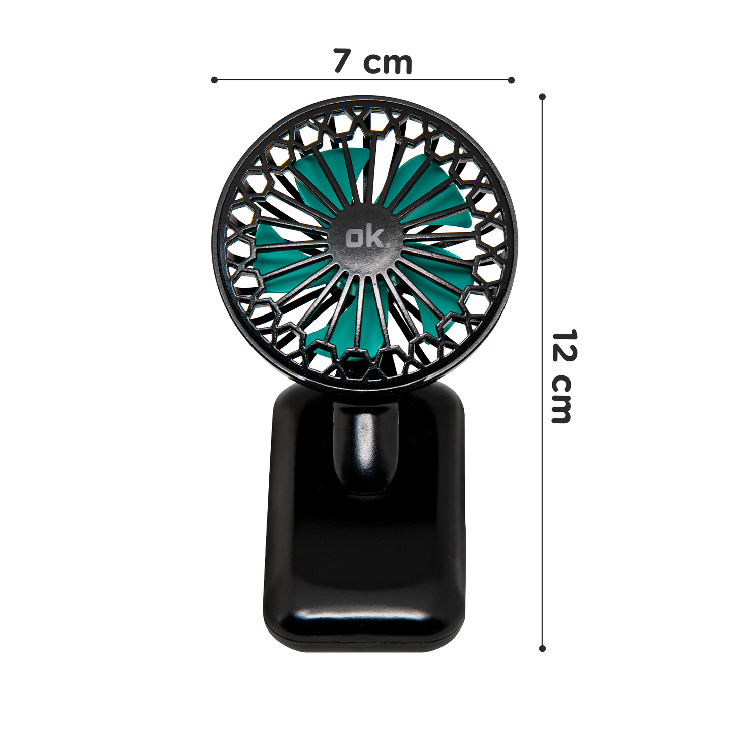 A black and teal portable fan. The fan is 7 cm wide and 12 cm high. The blades are teal, and the frame is black with the brand OK.