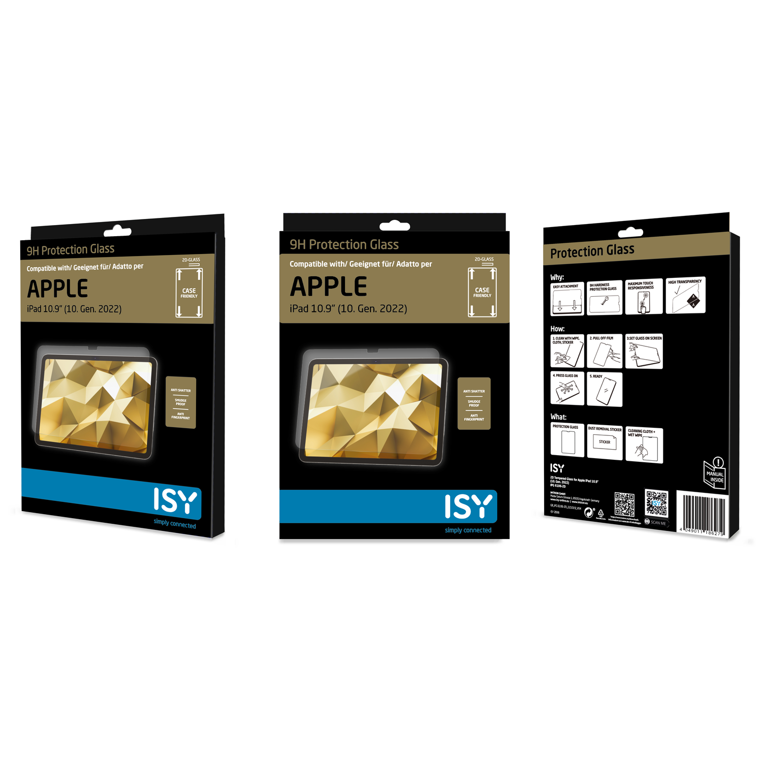 Three boxes with glass screen protectors for iPads. Each box shows the product and features like anti-shatter and smudge-proof.