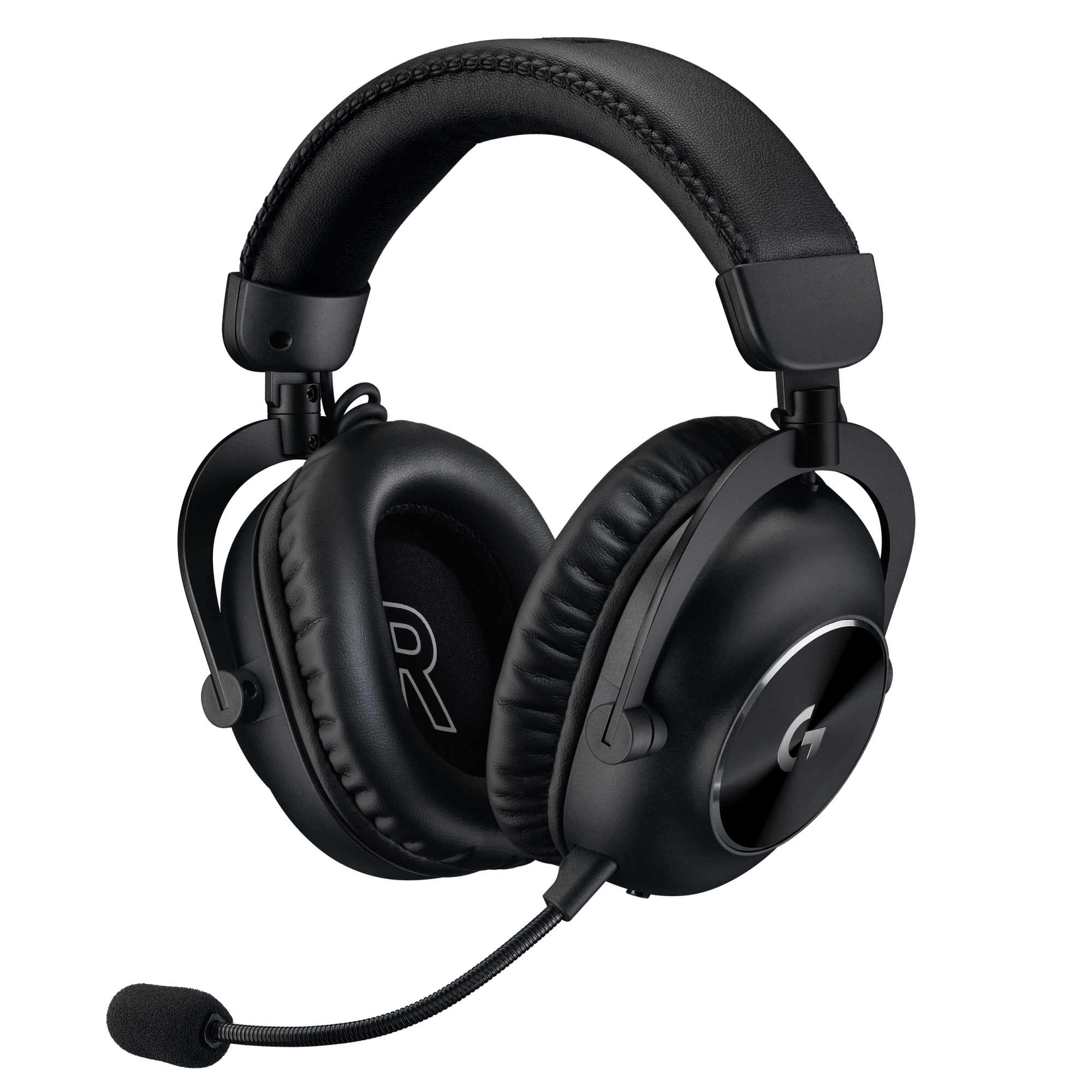 Schwarzes Gaming-Headset mit Mikrofon. Das Headset hat gepolsterte Ohrmuscheln und ein Kopfband. Das Mikrofon ist links.