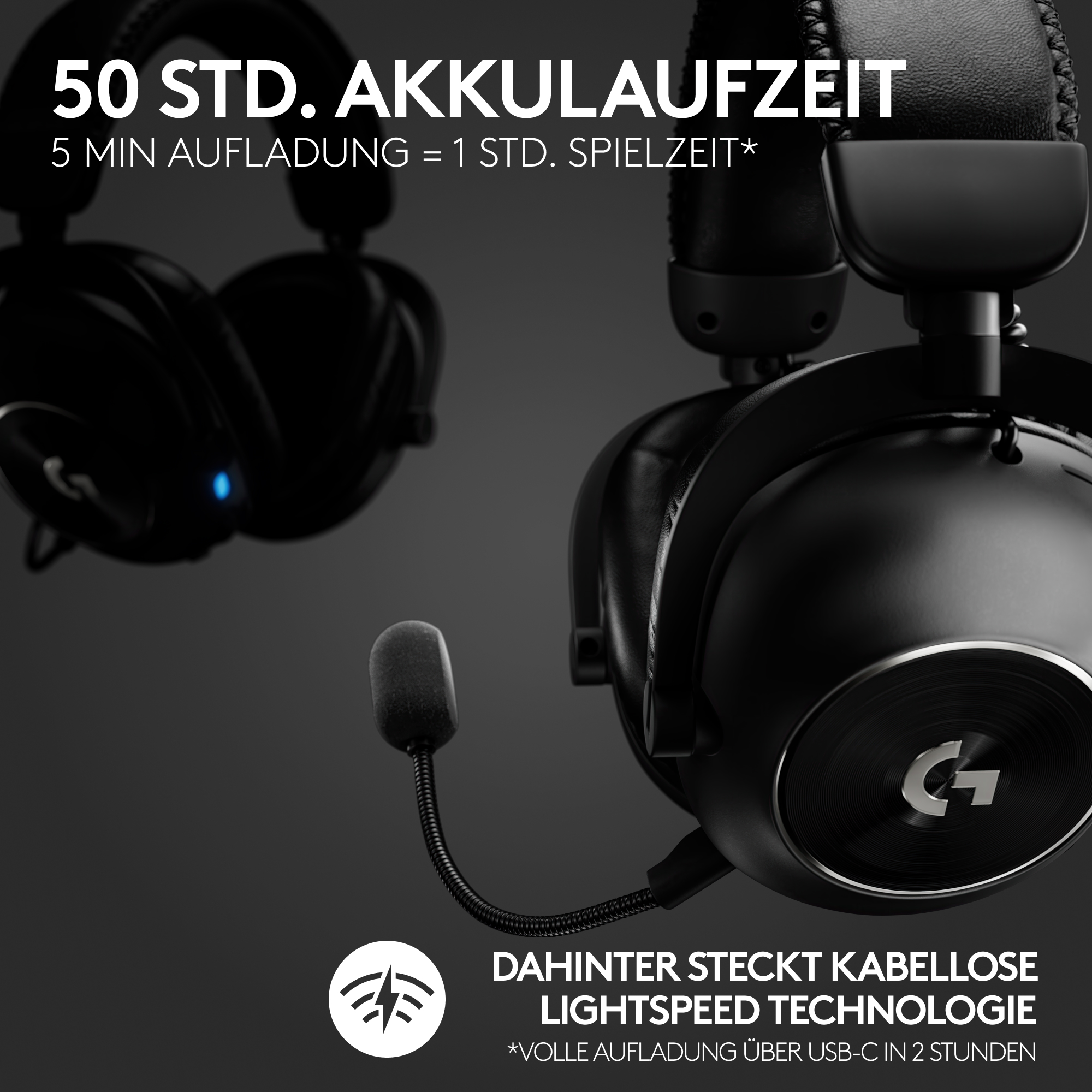 Schwarzes Gaming-Headset mit Mikrofon. Text zeigt 50h Akkulaufzeit, kabellose Technologie und schnelles Laden.