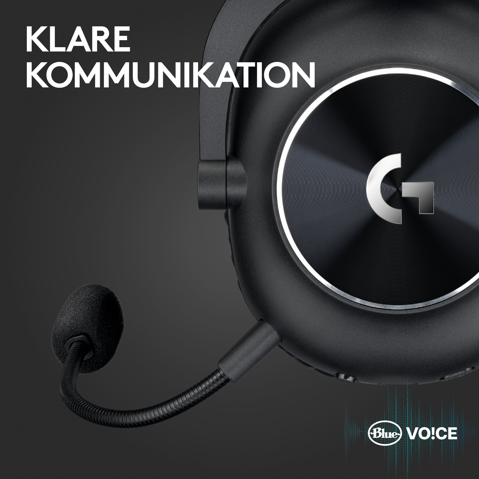 Schwarzes Headset mit Mikrofon. Weißer Text: 'KLAR' und 'KOMMUNIKATION'. Markenlogo 'G' sichtbar. 'Blue VO!CE'-Logo unten.