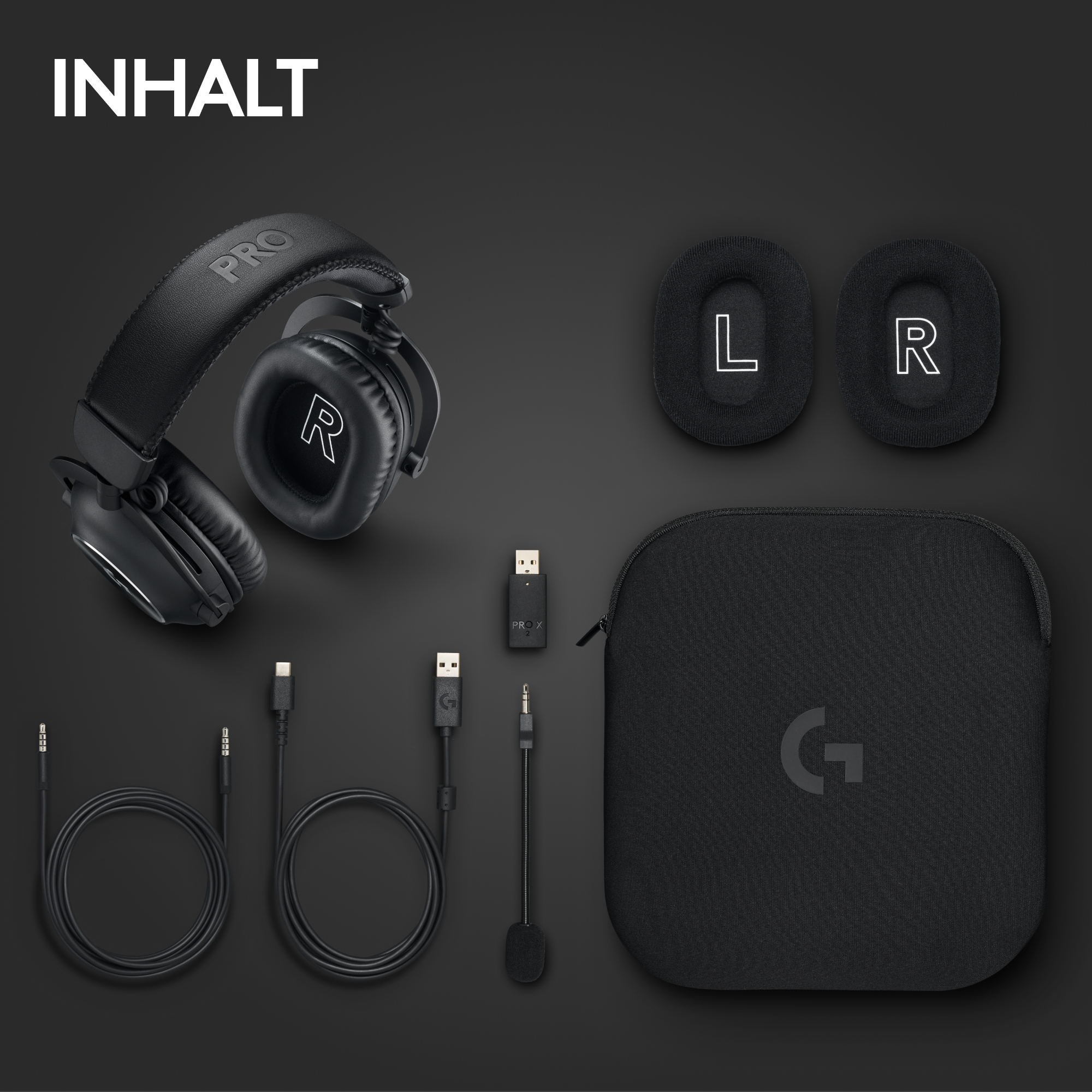 Schwarzes Headset, Ohrpolster, Kabel, USB-Dongle und Etui. Text lautet 'INHALT', 'PRO', 'L' und 'R'.