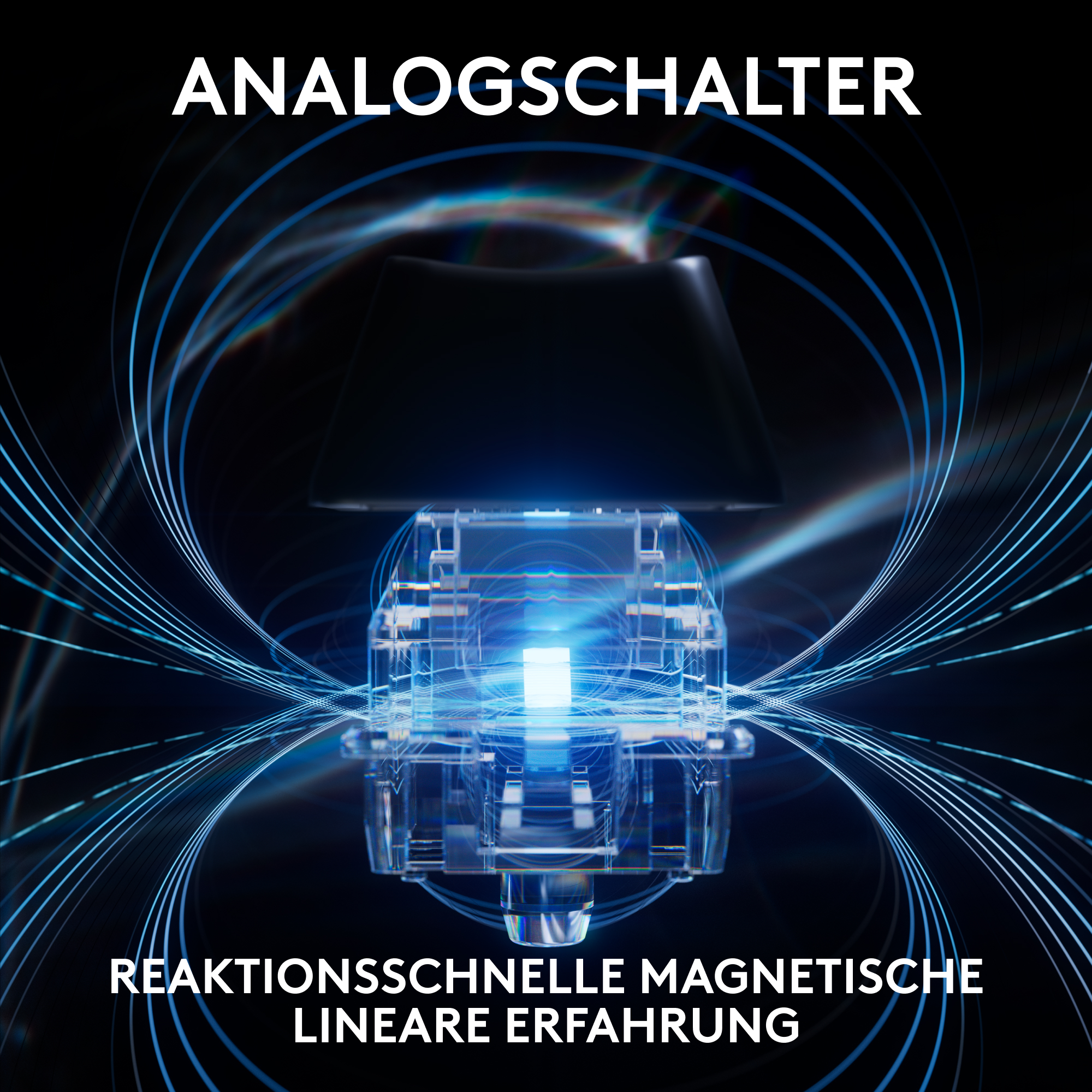 Bild eines mechanischen Schalters. Blaue Lichtlinien umgeben den Schalter. Weißer Text: 'Analogschalter' und 'Reaktionsschnelle magnetische lineare Erfahrung'.