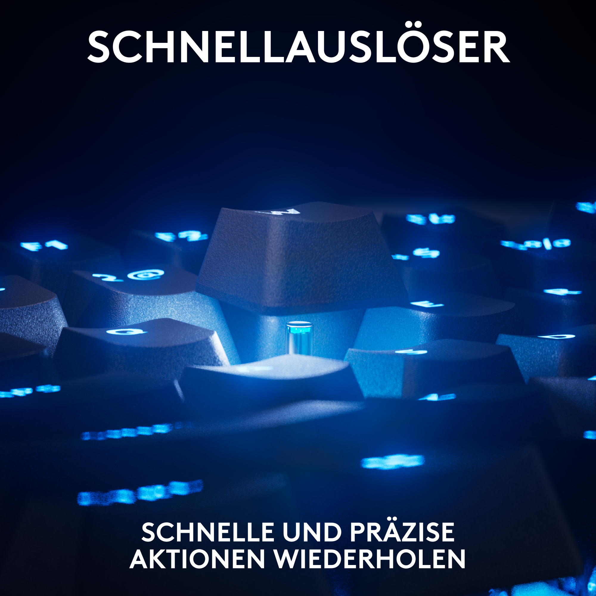 Nahaufnahme einer Tastatur. Die Tasten sind dunkel mit blauer Hintergrundbeleuchtung. Der Text lautet 'Schnellauslöser' und 'Schnelle und präzise Aktionen wiederholen'.