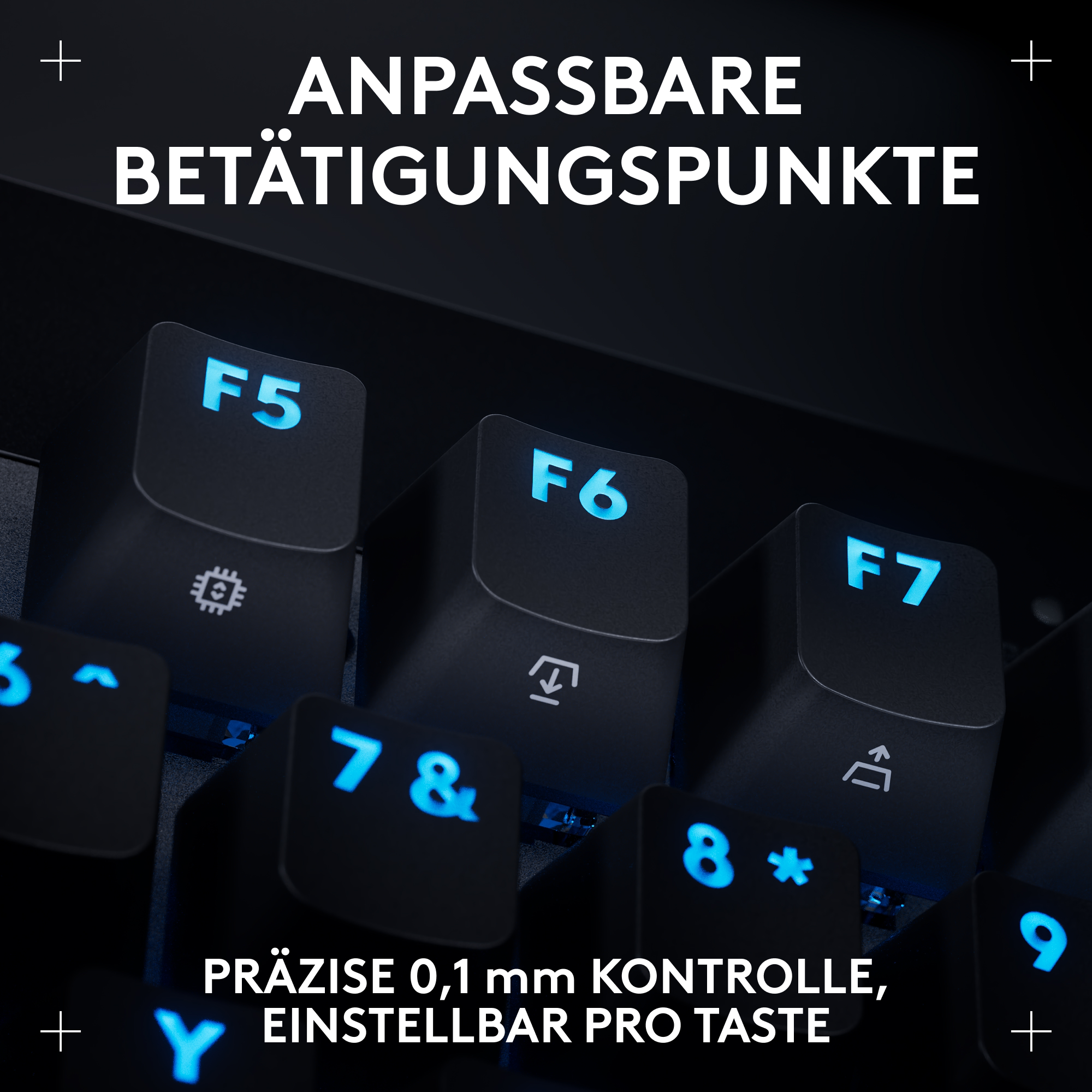 Nahaufnahme einer Tastatur mit beleuchteten Tasten. Die Tasten F5, F6, F7, 7& und 8* sind sichtbar, zusammen mit Text zur Präzision.