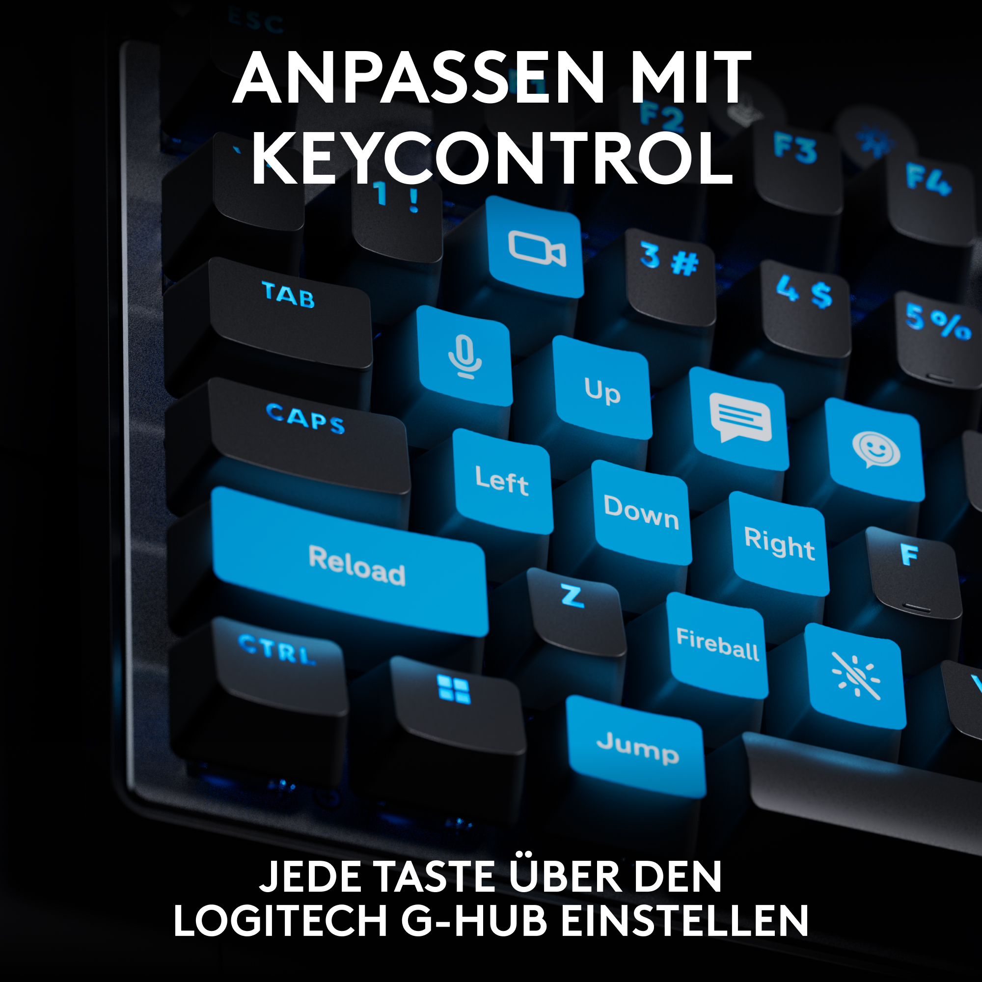 Nahaufnahme einer schwarzen Tastatur mit blau beleuchteten Tasten. Text in Deutsch: Anpassen mit Keycontrol. Jede Taste kann über Logitech G-Hub eingestellt werden.