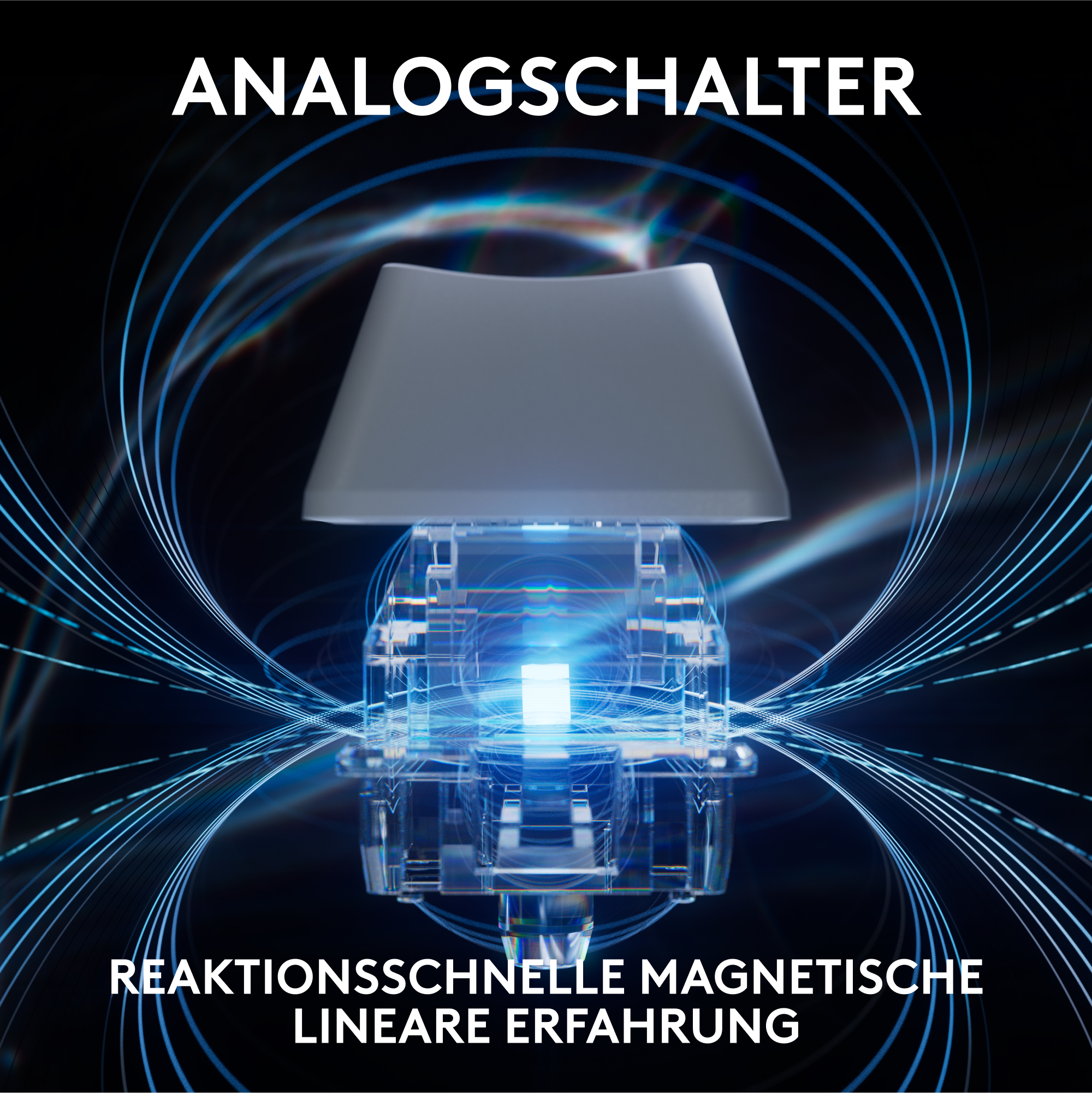 Nahaufnahme eines Tastaturschalters mit weißer Kappe. Blaues Licht geht vom Schalter aus, Text über lineare Erfahrung.