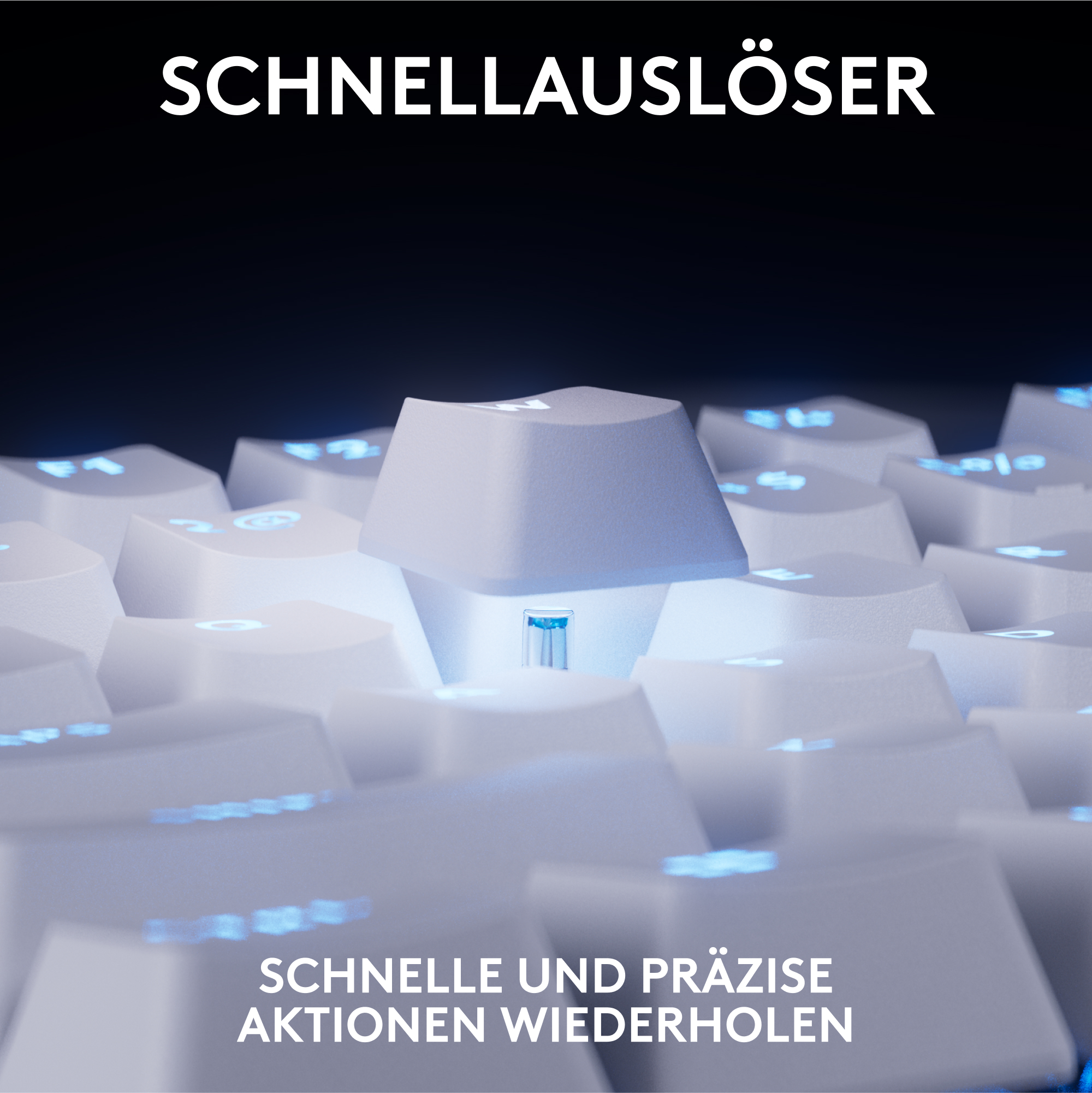 Nahaufnahme weißer Tastaturtasten mit beleuchteten blauen Symbolen. Der Text oben lautet 'SCHNELLAUSLÖSER'.