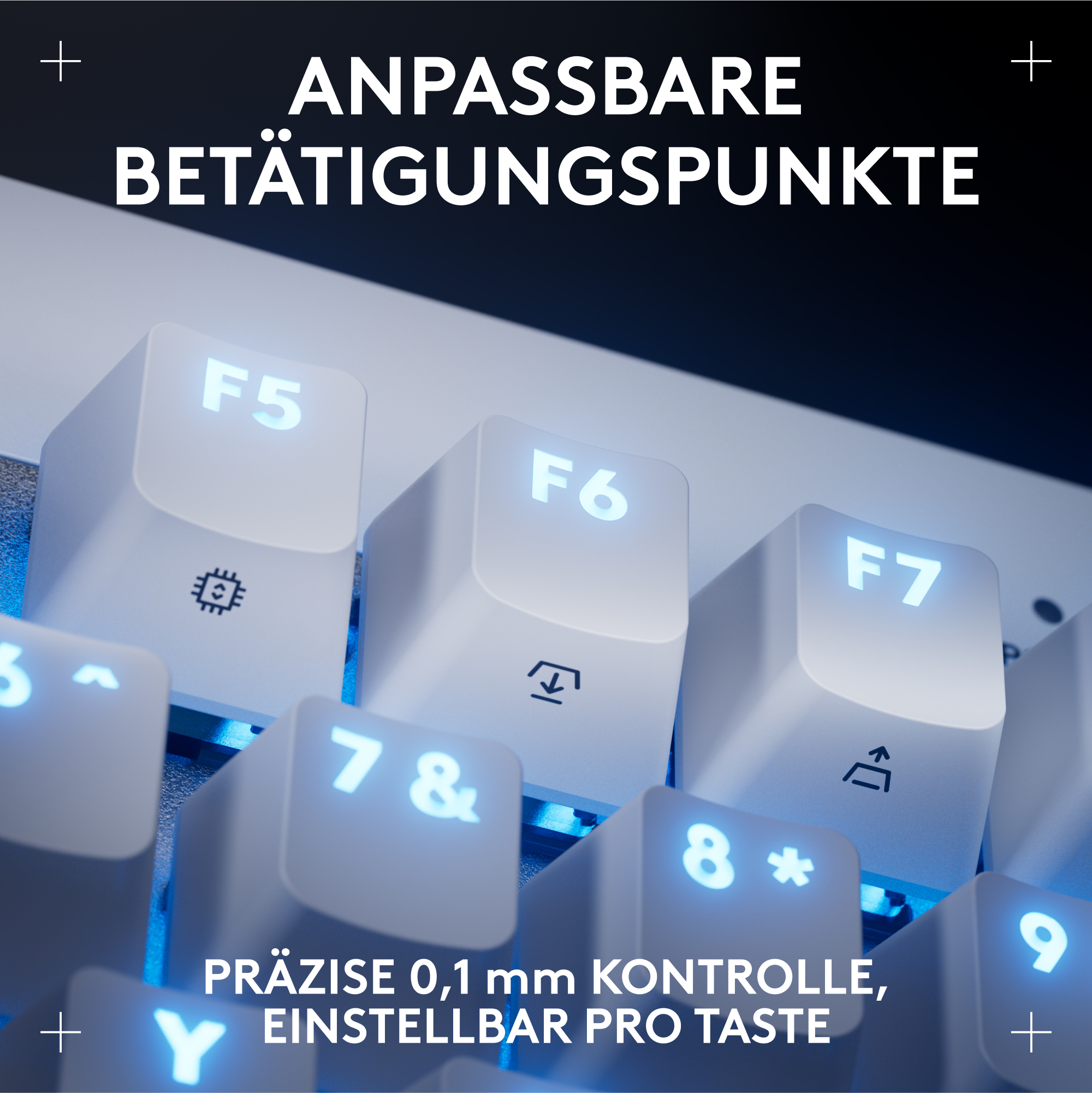 Nahaufnahme einer Tastatur mit beleuchteten Tasten. Text hebt einstellbare Betätigungspunkte und präzise Kontrolle hervor.
