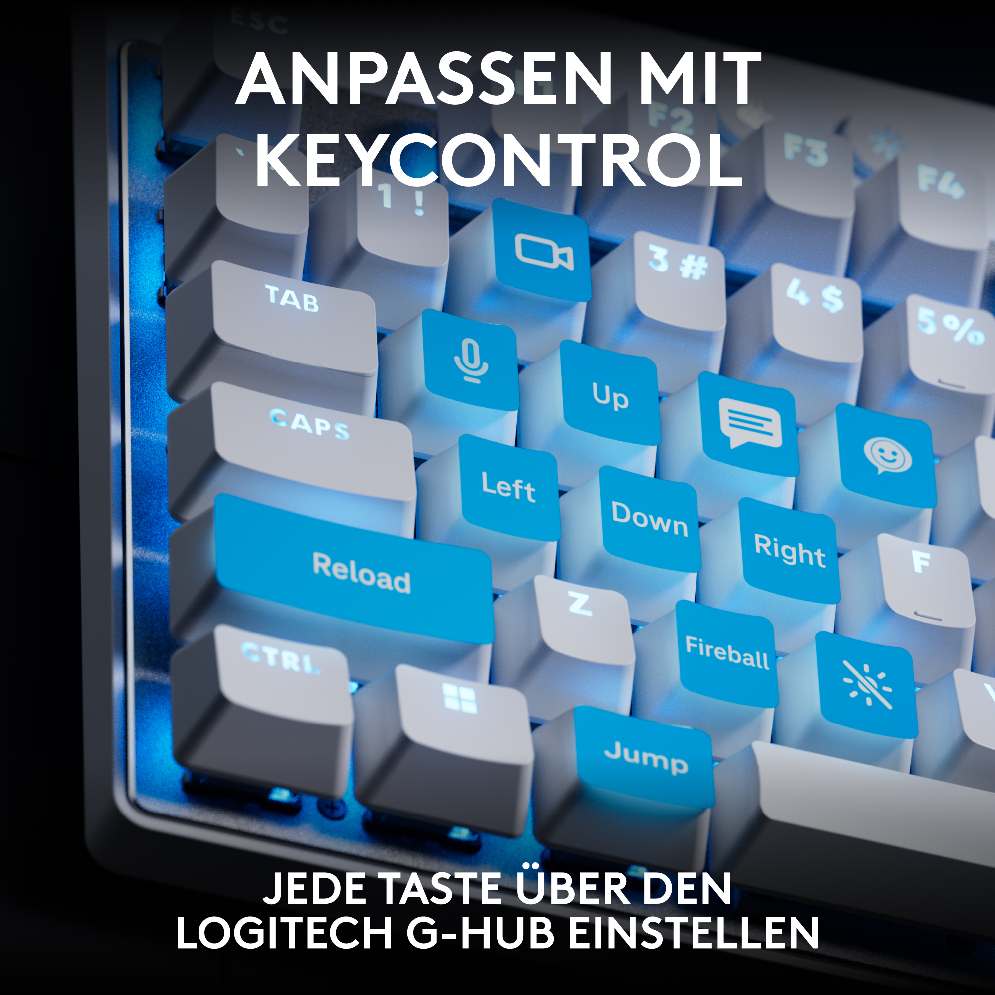 Nahaufnahme einer beleuchteten Tastatur mit weißen Tasten und blauen Akzenten. Text enthält 'Anpassen mit Keycontrol' und 'Jede Taste über den Logitech G-Hub einstellen'.