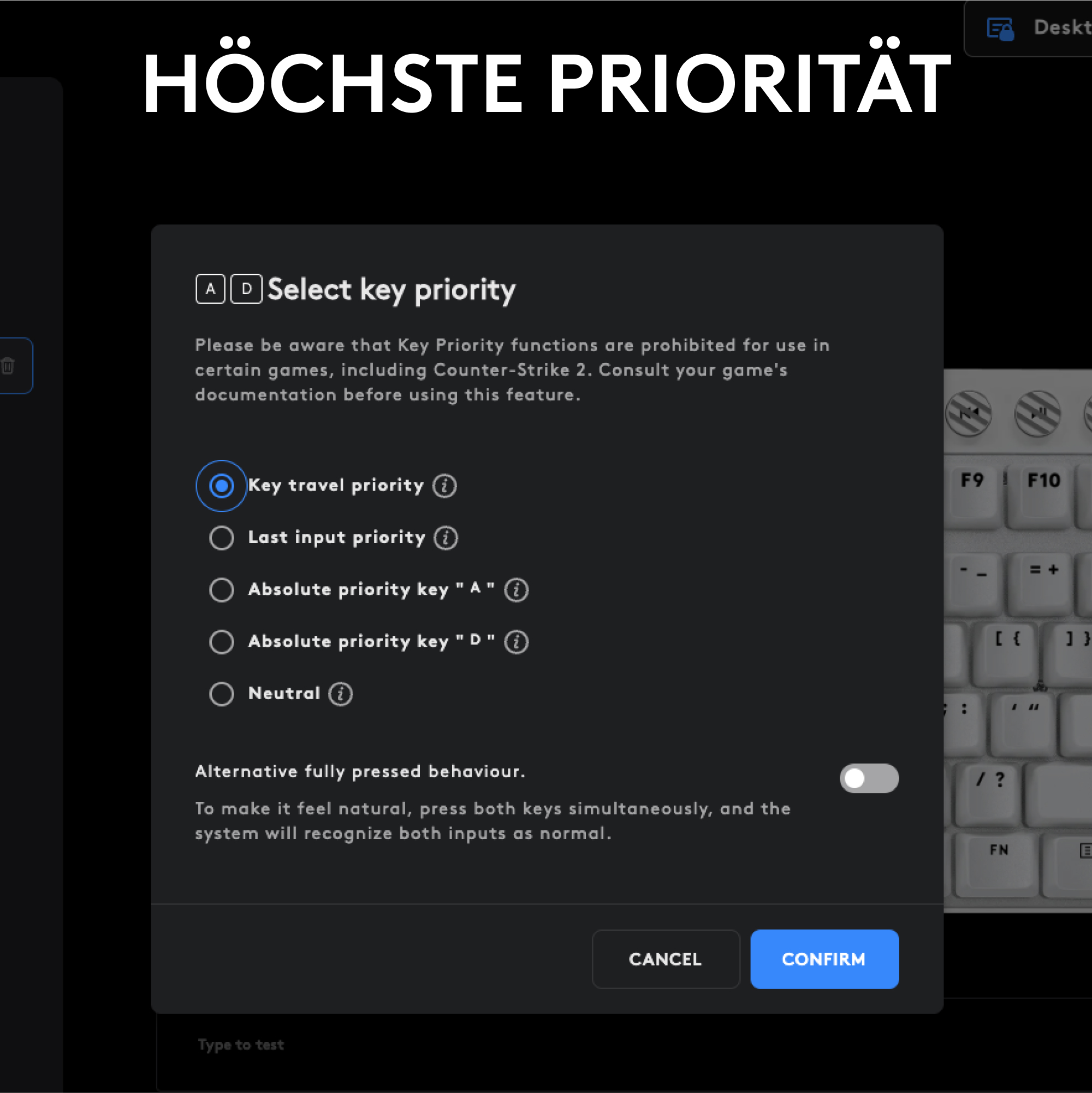 Ein Dialogfeld mit Optionen für die Tastaturpriorität ist geöffnet. Der Titel lautet HÖCHSTE PRIORITÄT. Rechts ist eine Tastatur zu sehen.