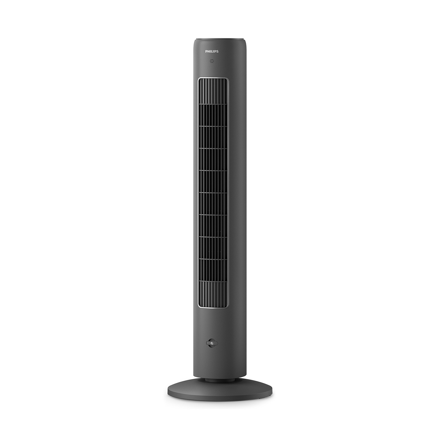 Un ventilatore a torre Philips grigio scuro su sfondo bianco. Ha un design alto e sottile con base rotonda e fessure verticali.