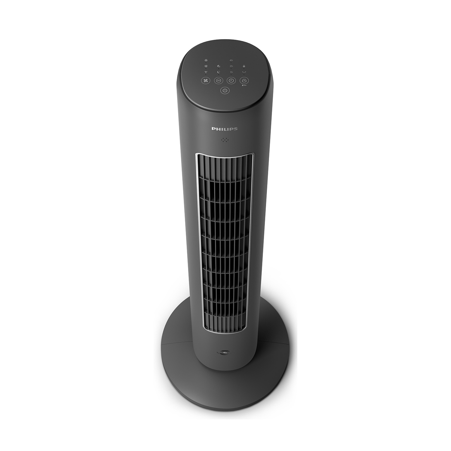 Un ventilatore a torre Philips grigio scuro su sfondo bianco. Ha una base circolare, un corpo alto e rettangolare con prese d'aria e pulsanti.