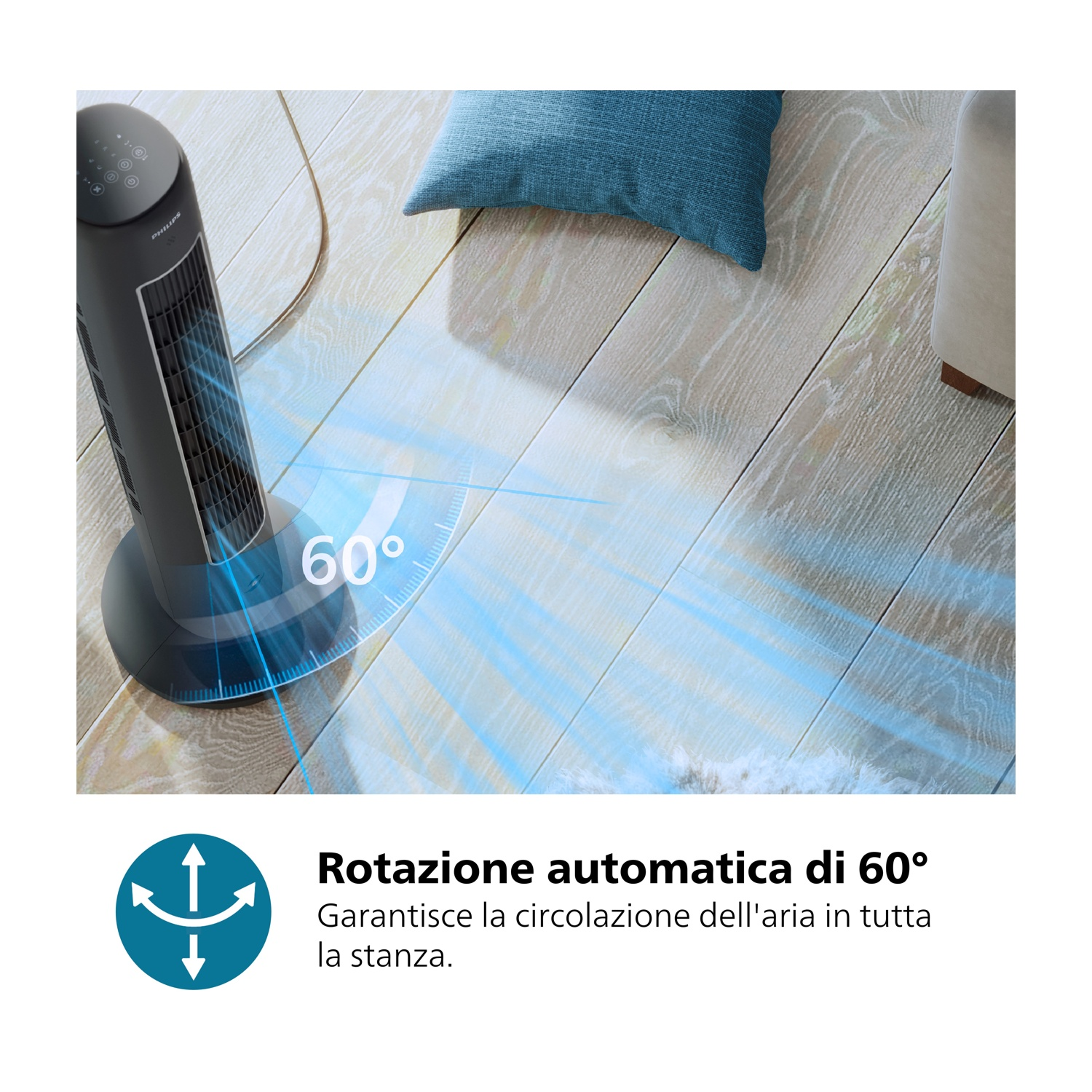 Ventilatore a torre Philips nero con rotazione automatica a 60 gradi. Un cuscino turchese e pavimento in legno sullo sfondo.