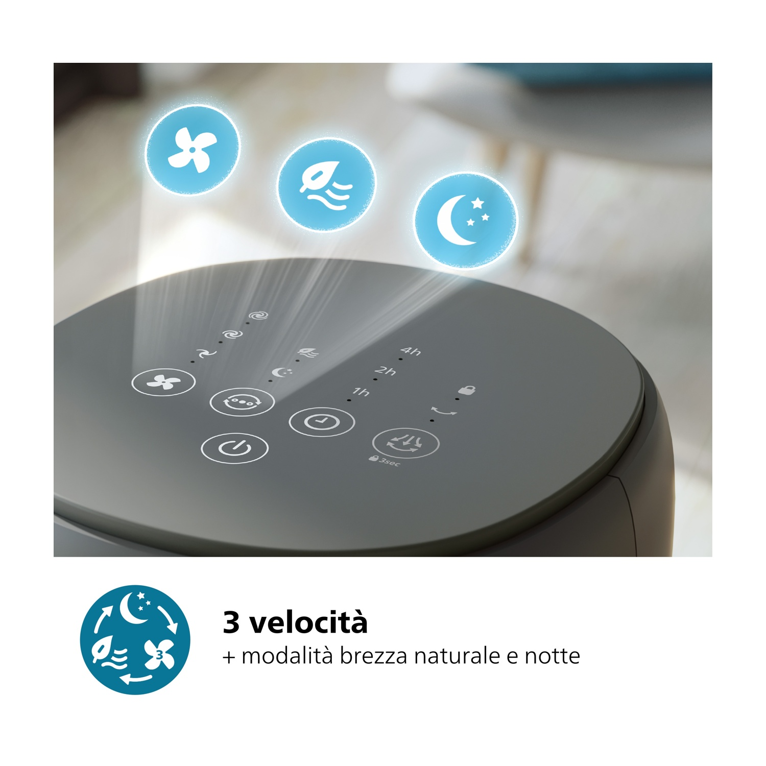 Pannello di controllo del purificatore d'aria con icone di ventola, foglie e luna, più impostazioni di velocità e timer. Il testo dice: '3 velocità'.