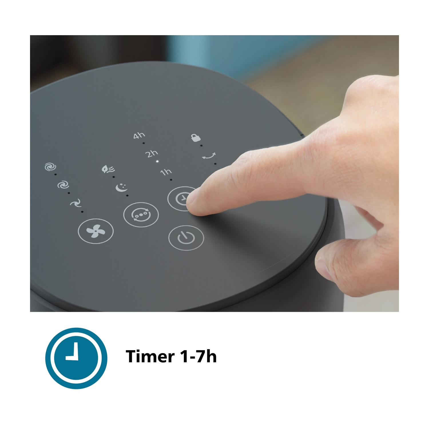 Una mano preme un pulsante su un dispositivo grigio scuro. Il pulsante è un timer. Le opzioni del timer sono 1h, 2h e 4h.