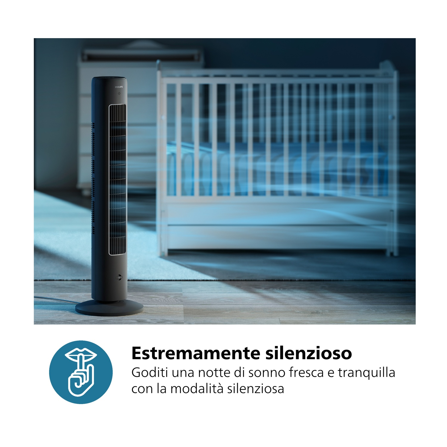 Un ventilatore Philips nero è in una stanza con una culla. Il ventilatore ha un design cilindrico, con flusso d'aria blu.