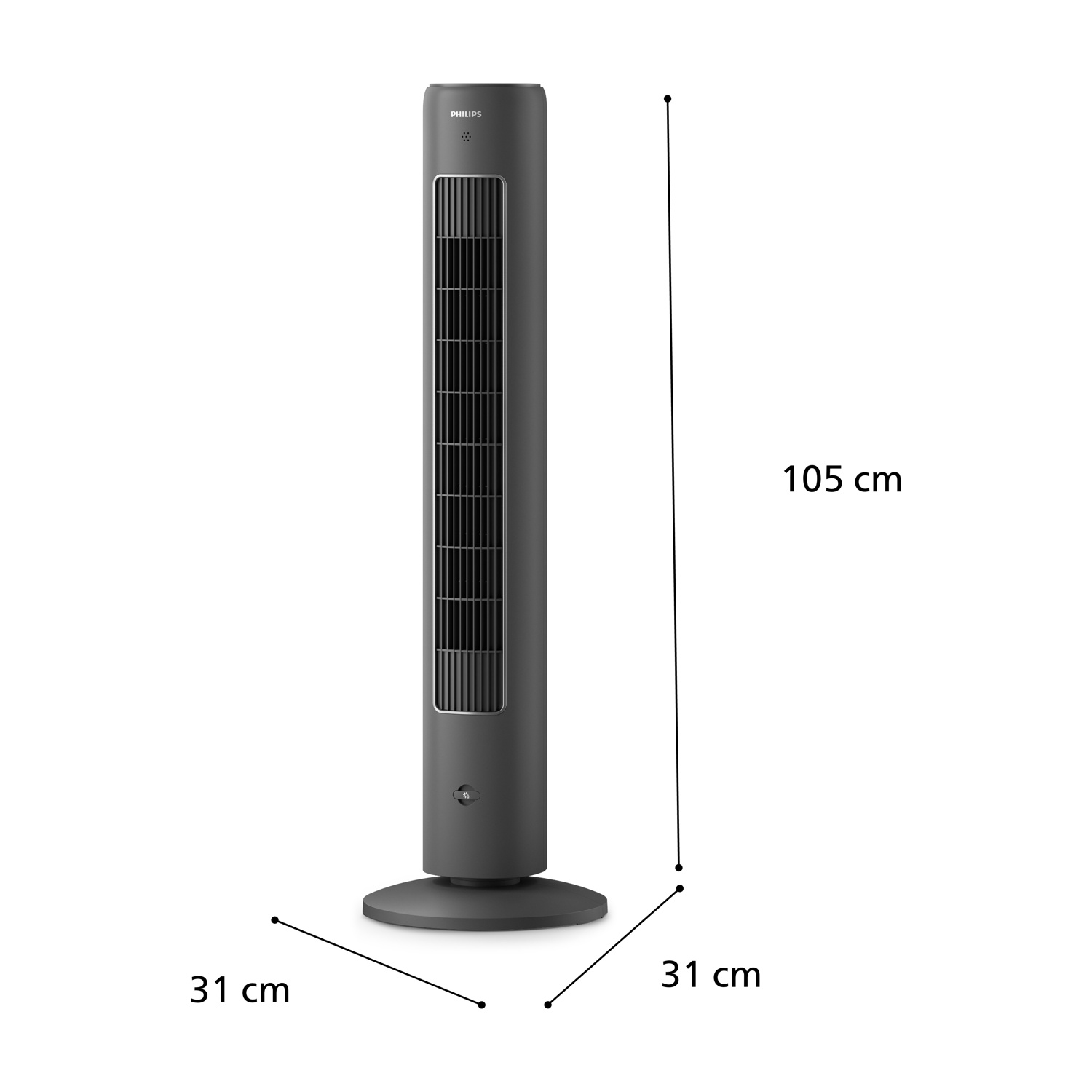 Un ventilatore a torre grigio scuro con dimensioni indicate. Ha una base rotonda, feritoie verticali e un pannello di controllo. Il ventilatore è alto 105 cm.