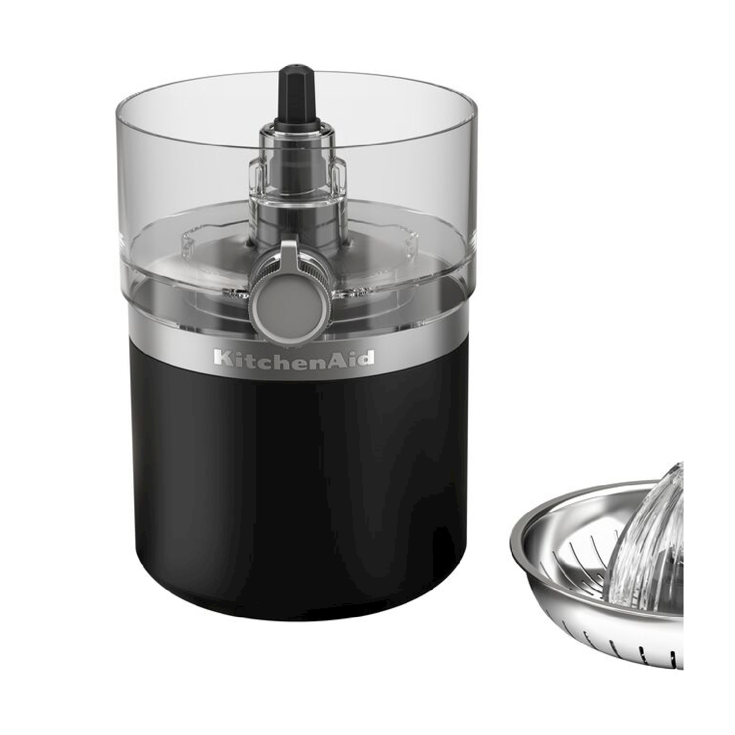 Un robot da cucina KitchenAid nero e argento con coperchio trasparente e uno spremiagrumi in acciaio inossidabile.