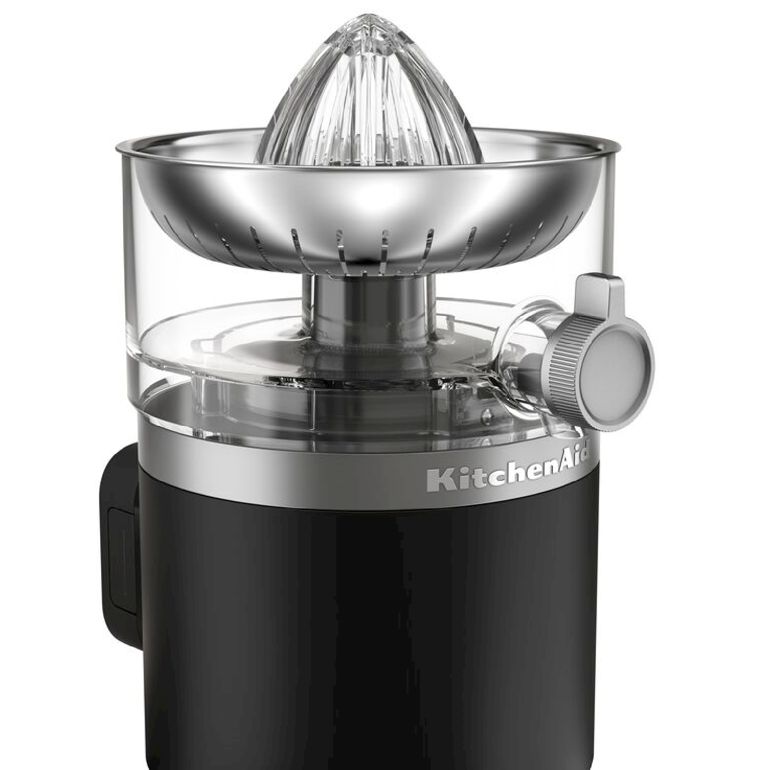 Uno spremiagrumi KitchenAid nero e argento. Ha un contenitore di plastica trasparente e un cono argentato in cima.