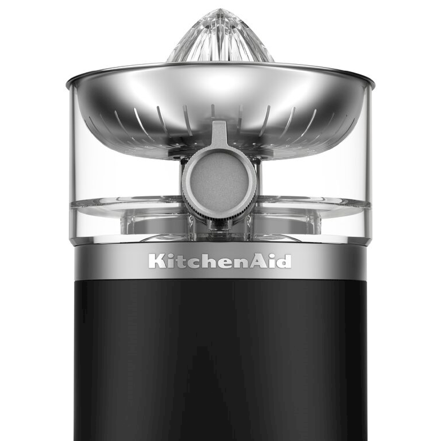 Uno spremiagrumi KitchenAid. Presenta una base nera, plastica trasparente e componenti in acciaio inossidabile.