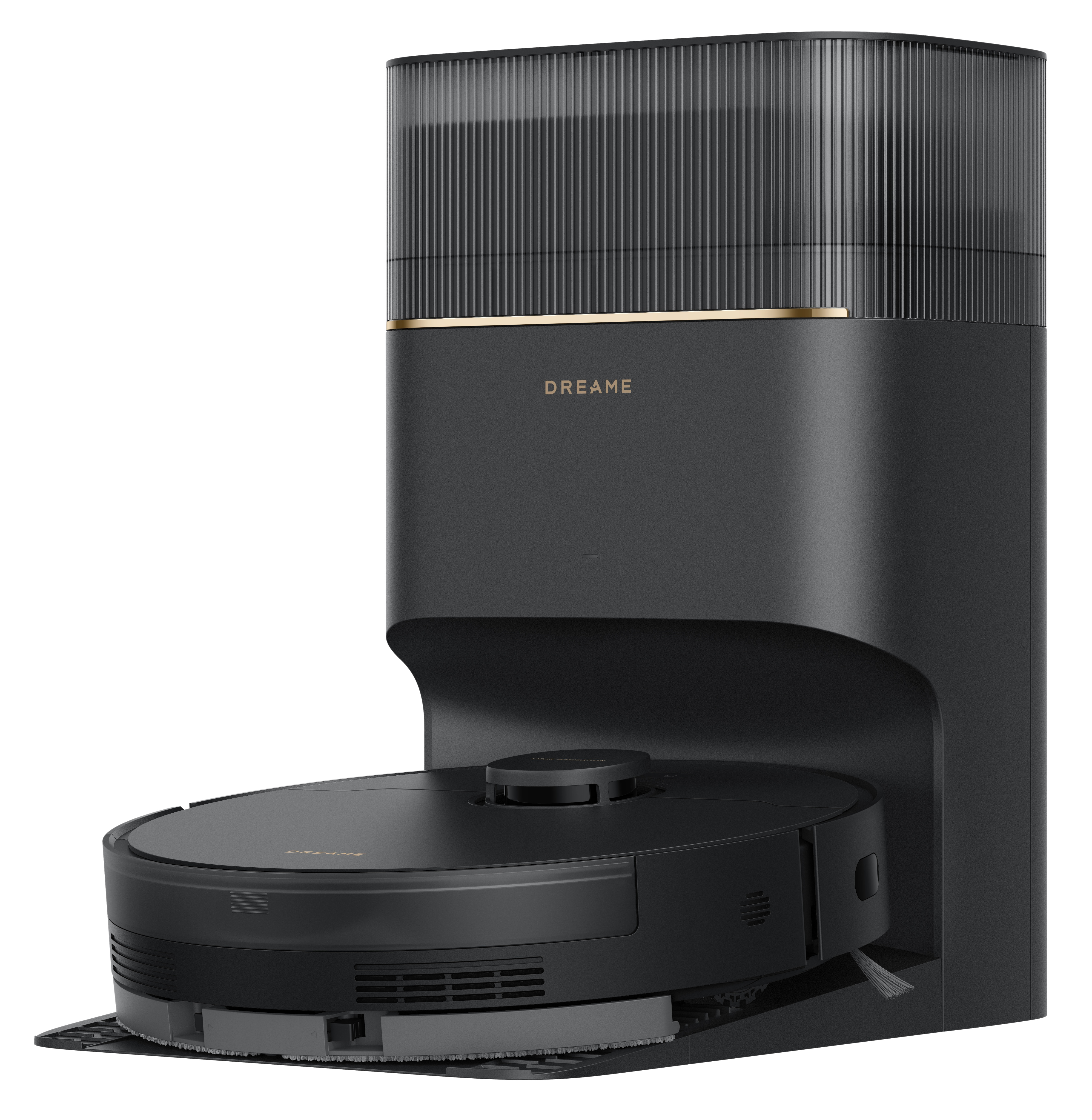 Czarny robot sprzątający Dreame i stacja ładująca. Stacja jest wysoka. Odkurzacz jest na podstawie. Widoczna nazwa marki.