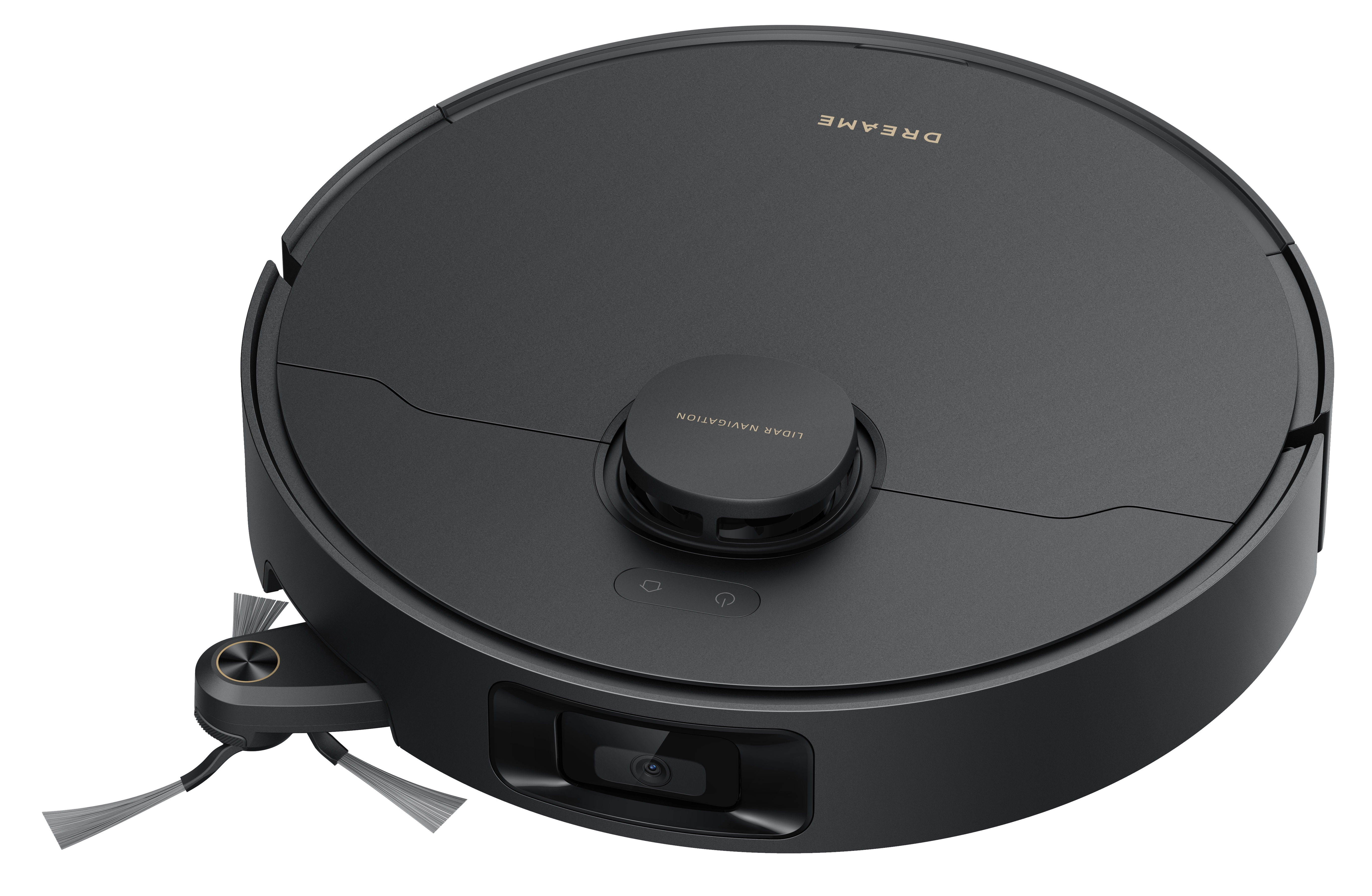 Ciemnoszary odkurzacz robot Dreame. Ma okrągły korpus z nawigacją LIDAR i szczotkami bocznymi.