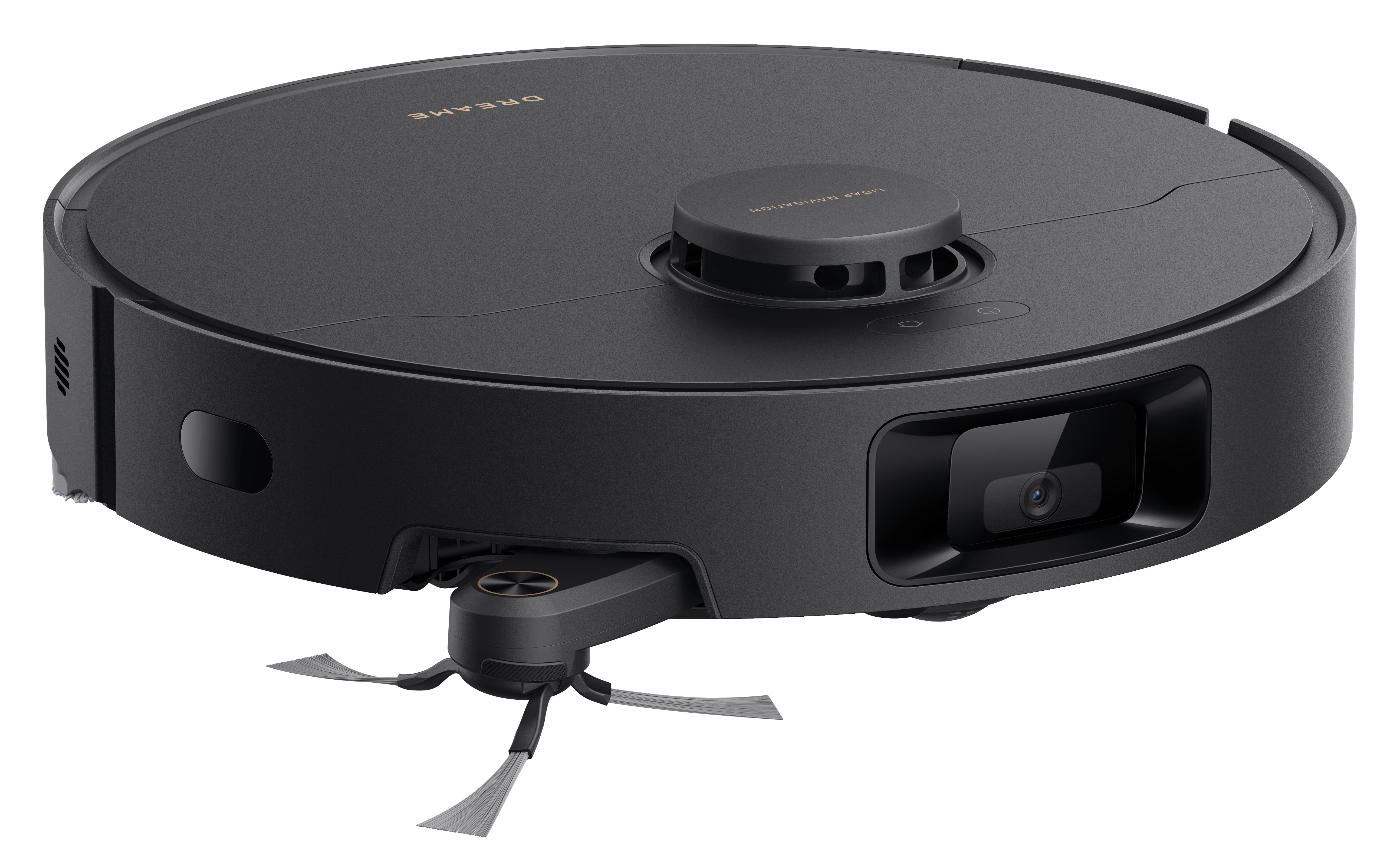 Czarny robot sprzątający z czujnikiem LiDAR, kamerą i szczotkami do czyszczenia.