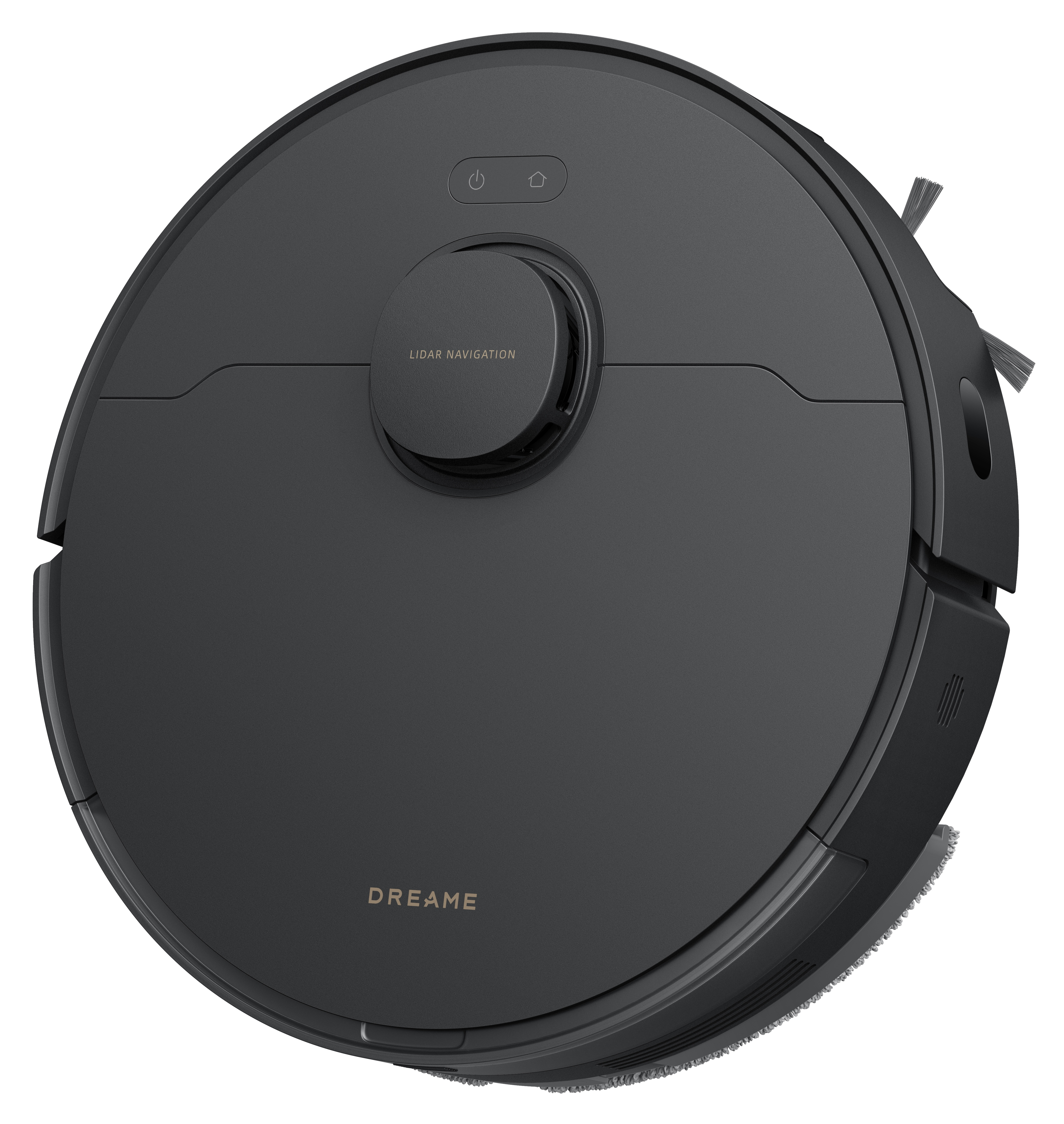 Ciemnoszary robot sprzątający z nawigacją LiDAR, przyciskami zasilania i domu oraz marką 'DREAME'.