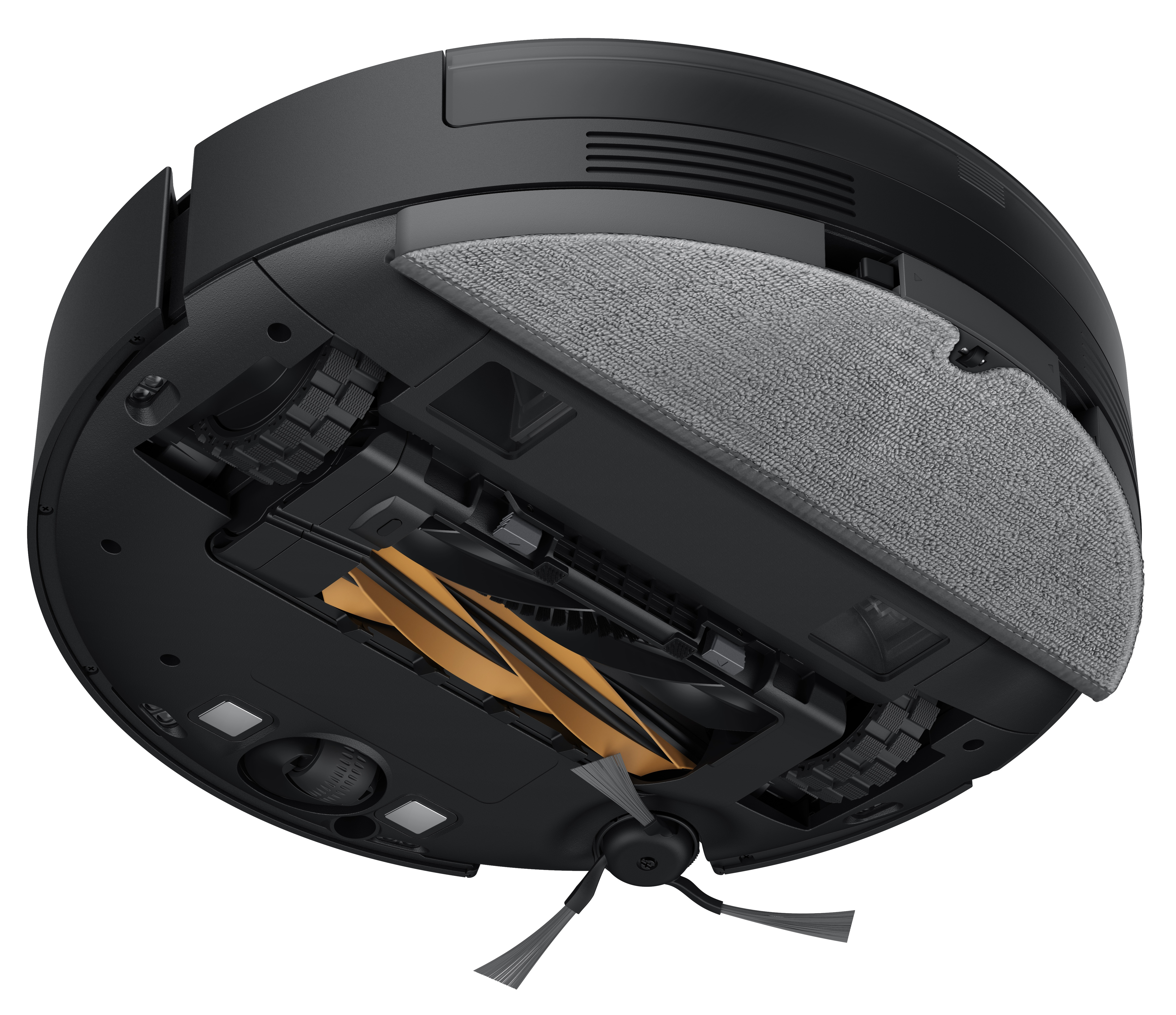 Spód robota odkurzającego. Posiada czarny korpus, szary mop, pomarańczowe szczotki i czarne koła.