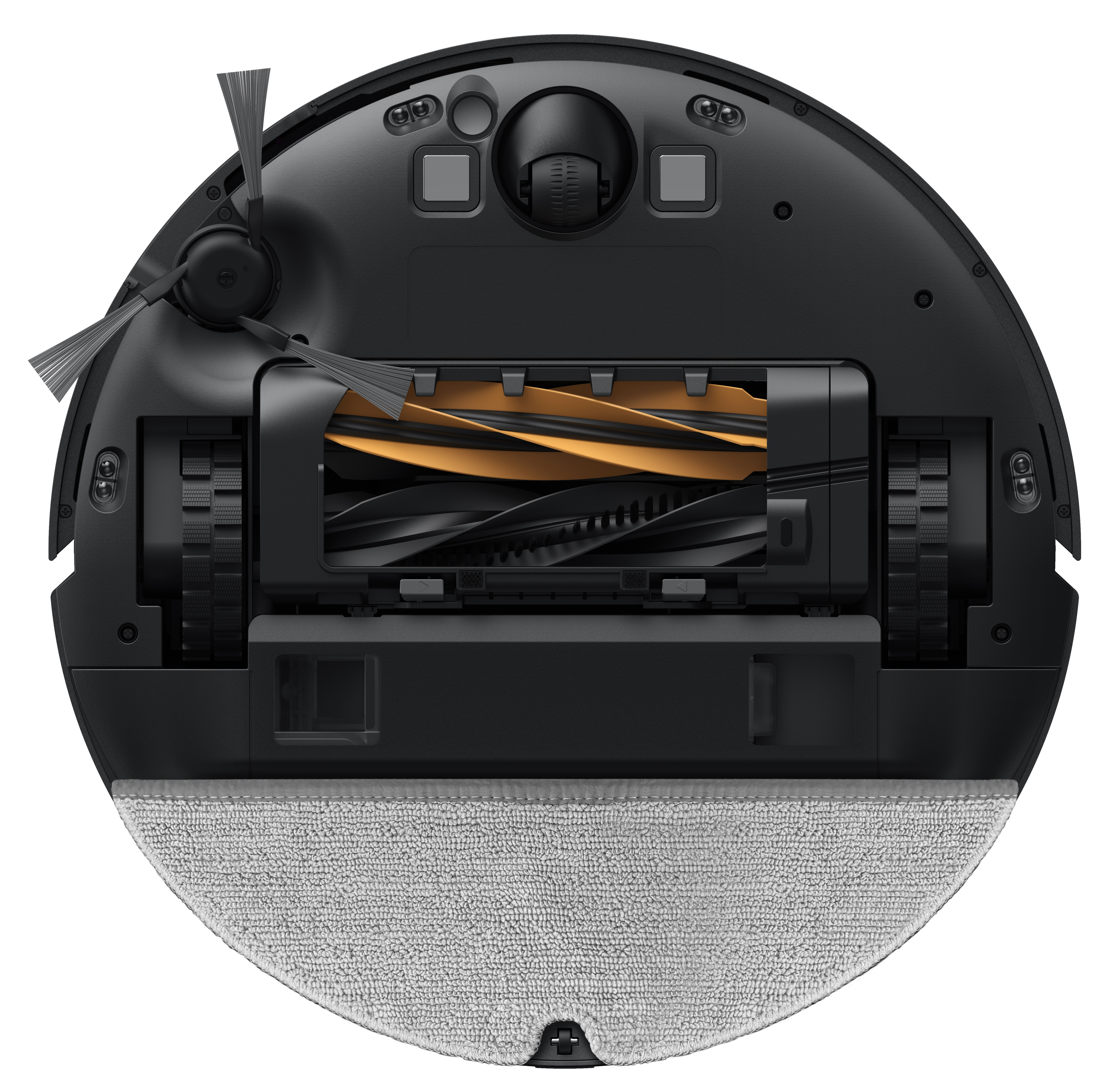 Odkurzacz robot, czarny korpus, szary mop, pomarańczowe i czarne wałki i szczotki. Widok z góry.