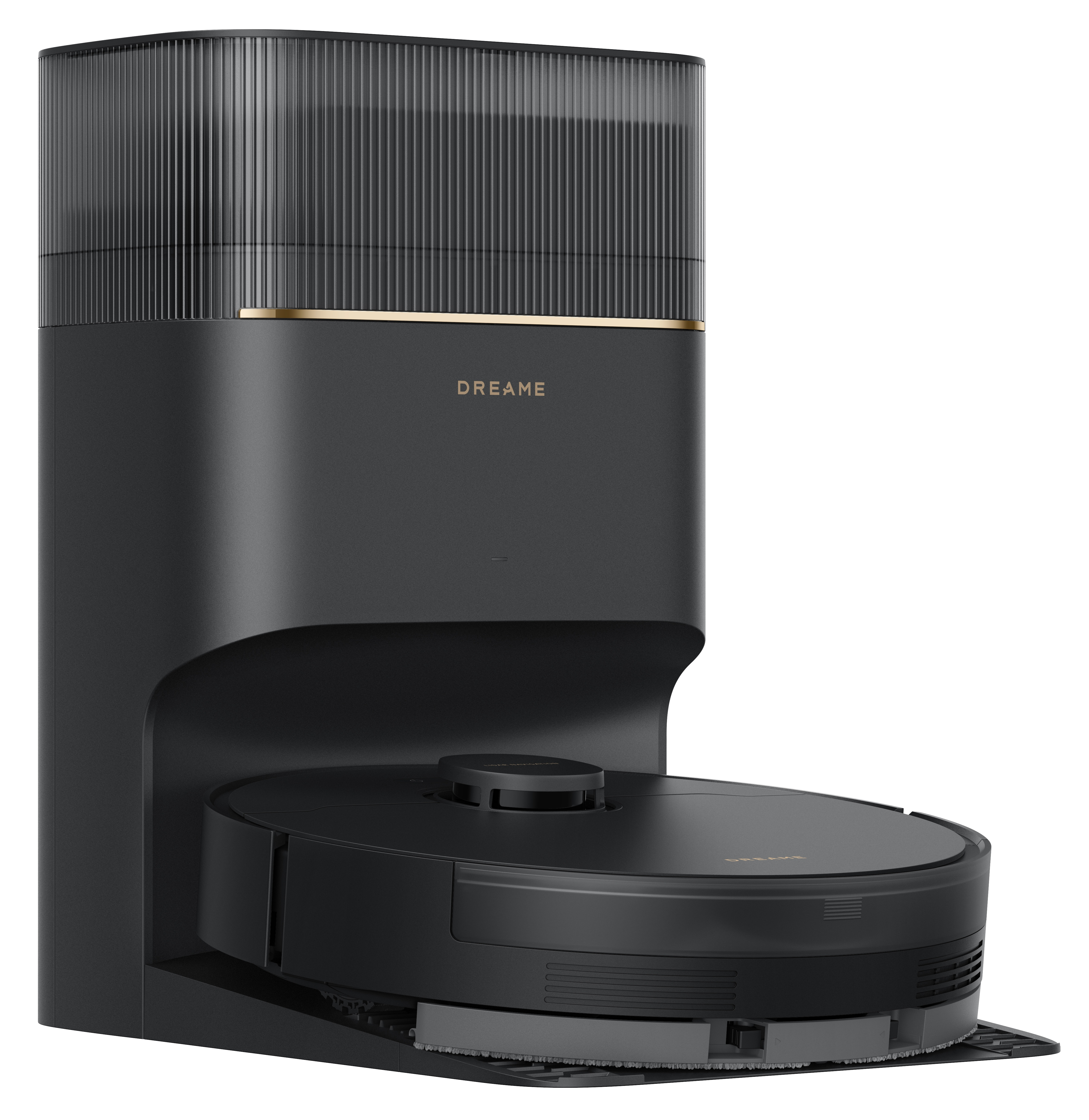 Czarny odkurzacz robot Dreame i stacja ładująca. Stacja ma żebrowane detale i złoty akcent.