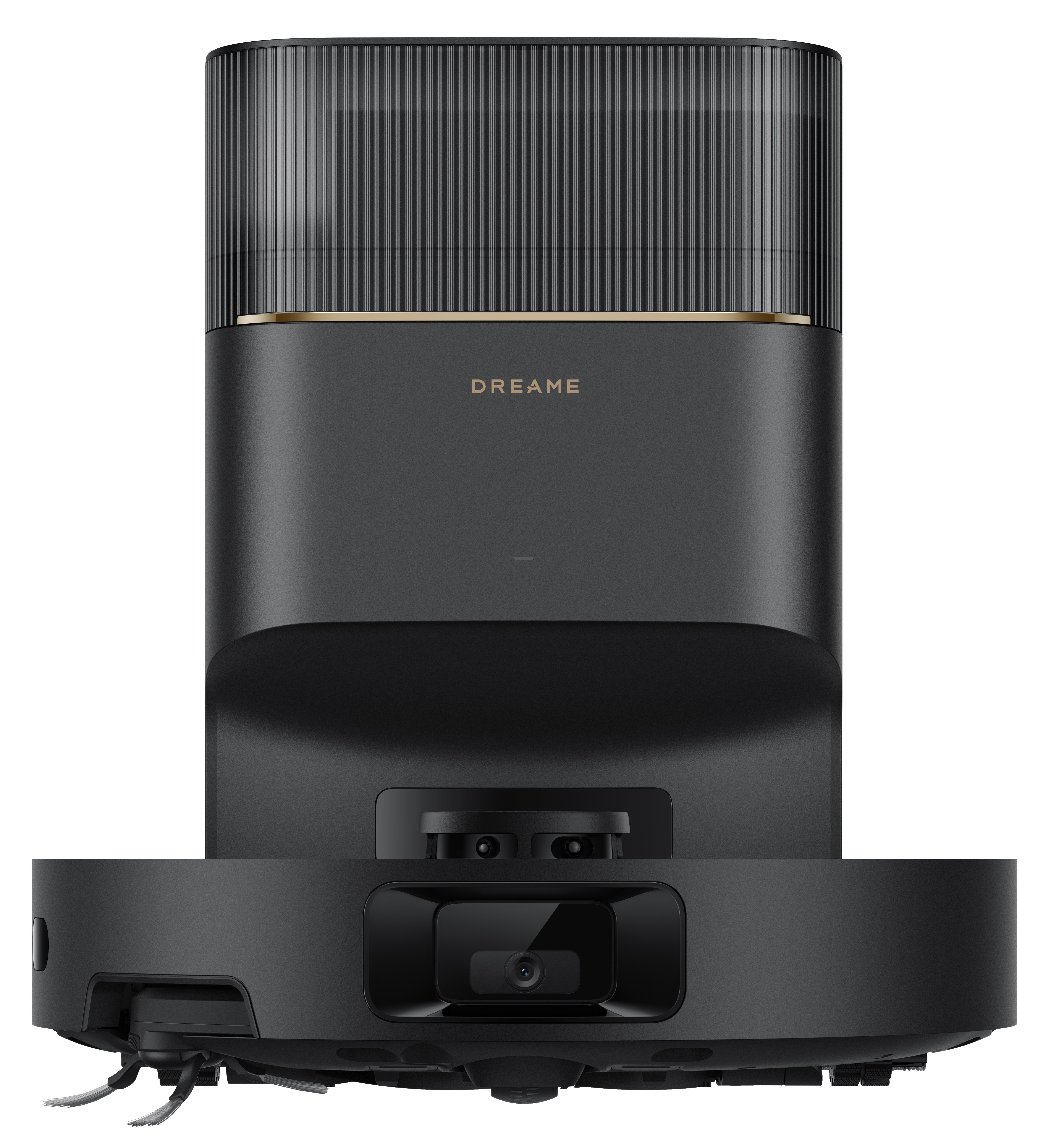 Czarny i szary odkurzacz robot. Ma głowicę czyszczącą, prostokątny korpus i stację dokującą.